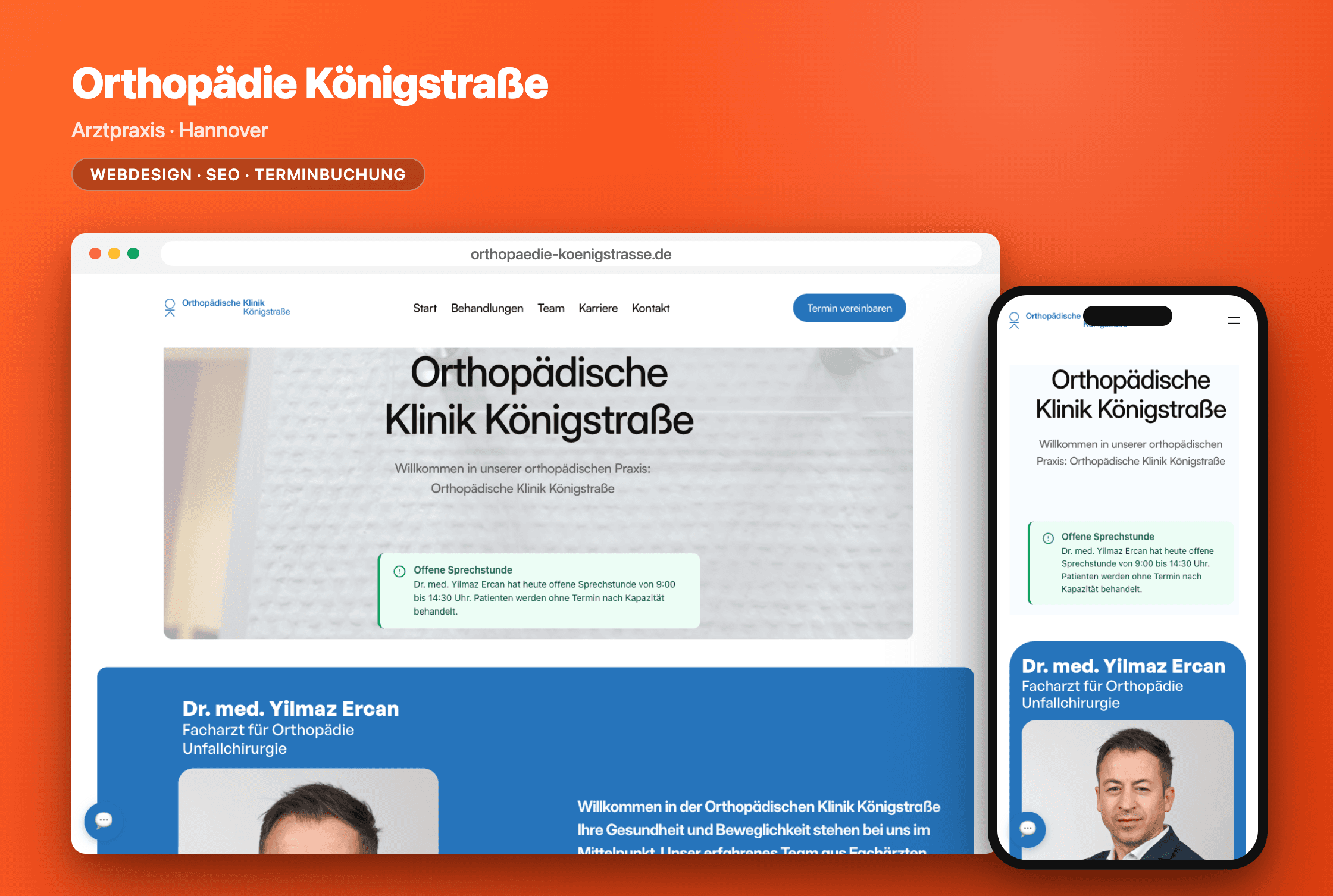 Webdesign-Projekt Orthopädische Klinik Königstraße – Website für Arztpraxis Hannover, Desktop- und Mobilansicht