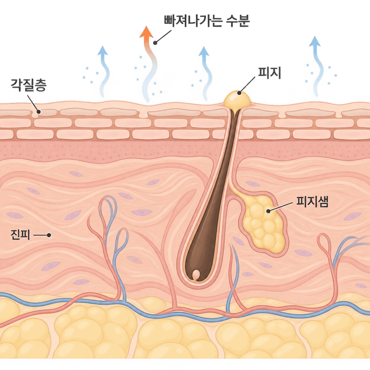 표면의 피지와 각질층 틈으로 빠지는 수분은 따로 움직여요