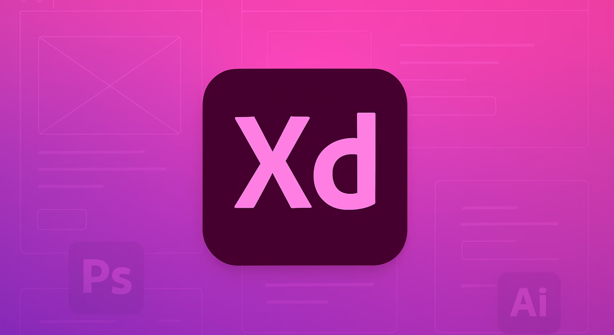 Adobe XD logo on a pink–purple gradient background with subtle UI layout wireframes, highlighting prototyping and interface design tools.