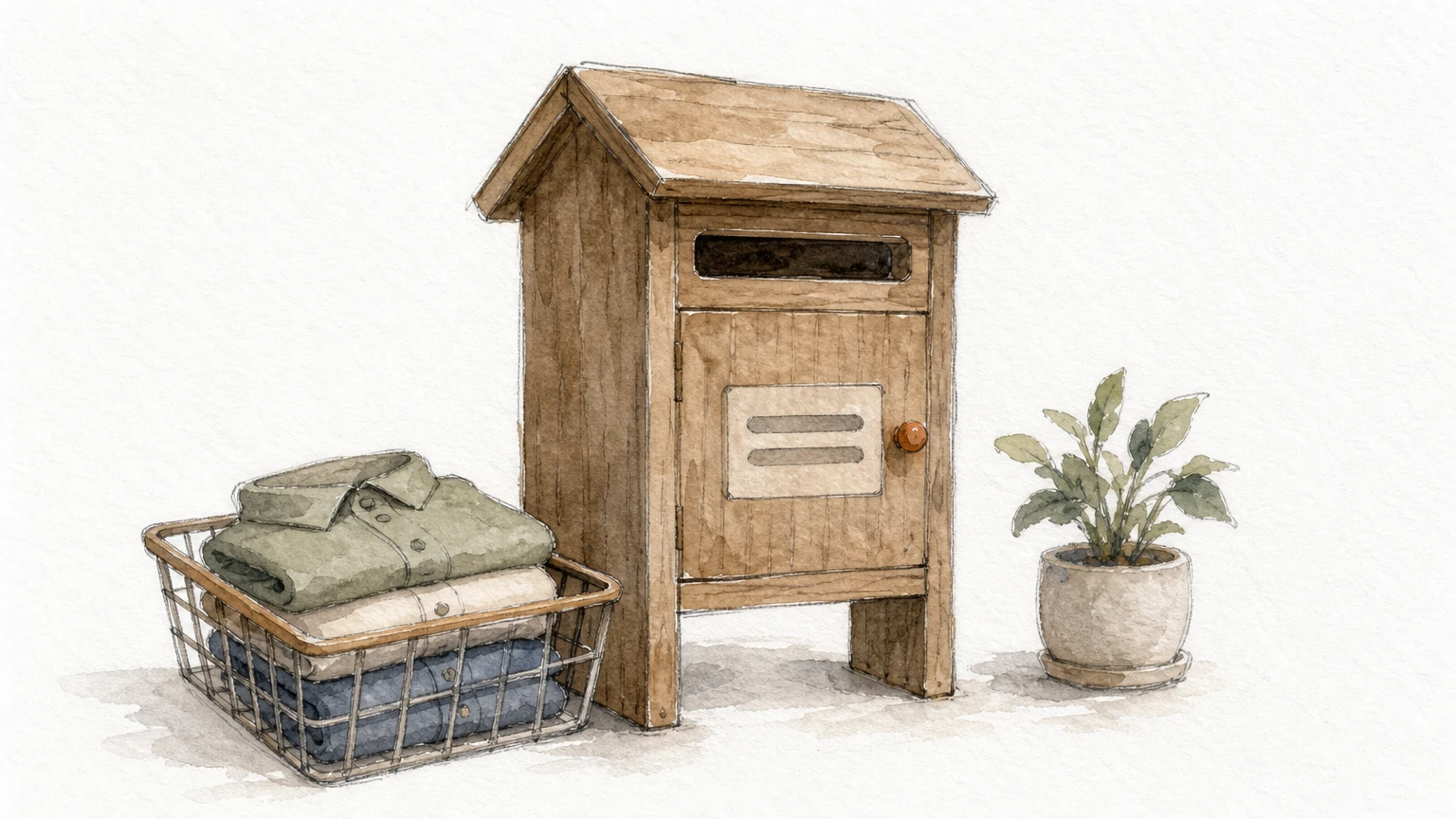 A wooden mailbox sits beside a shopping crate with three folded shirts and a small potted plant.