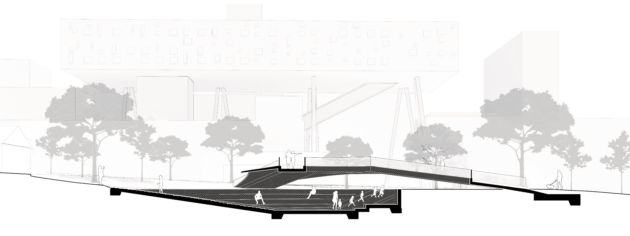 Section showing the mirrored forms of the pavilion, cutting into and bridging above the earth.