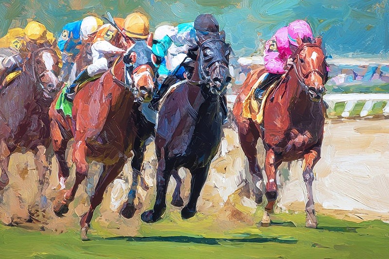 Horse racing painting of thoroughbreds and jockeys in colorful silks sprinting in a tight pack on the racetrack