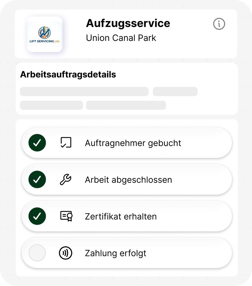 Erinnerung zur Einhaltung der jährlichen Aufzugswartung im Union Canal Park, fällig in 8 Wochen, mit Optionen zur Ansicht von Zertifikaten, Rechnungen, Auftragnehmern, Zeitplan, Wiederholen oder Ignorieren.