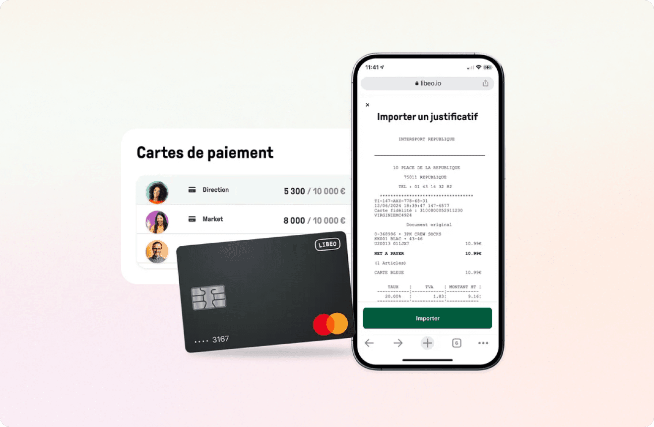 Tableau de bord Libeo avec carte de paiement et import de justificatif