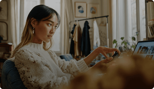 A woman in a cozy, well-lit room examines her phone while seated at a desk with a laptop.