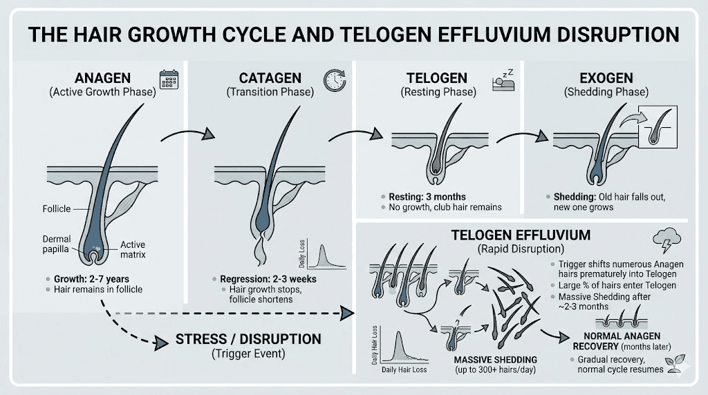 Hair growth cycle phases and telogen effluvium disruption diagram