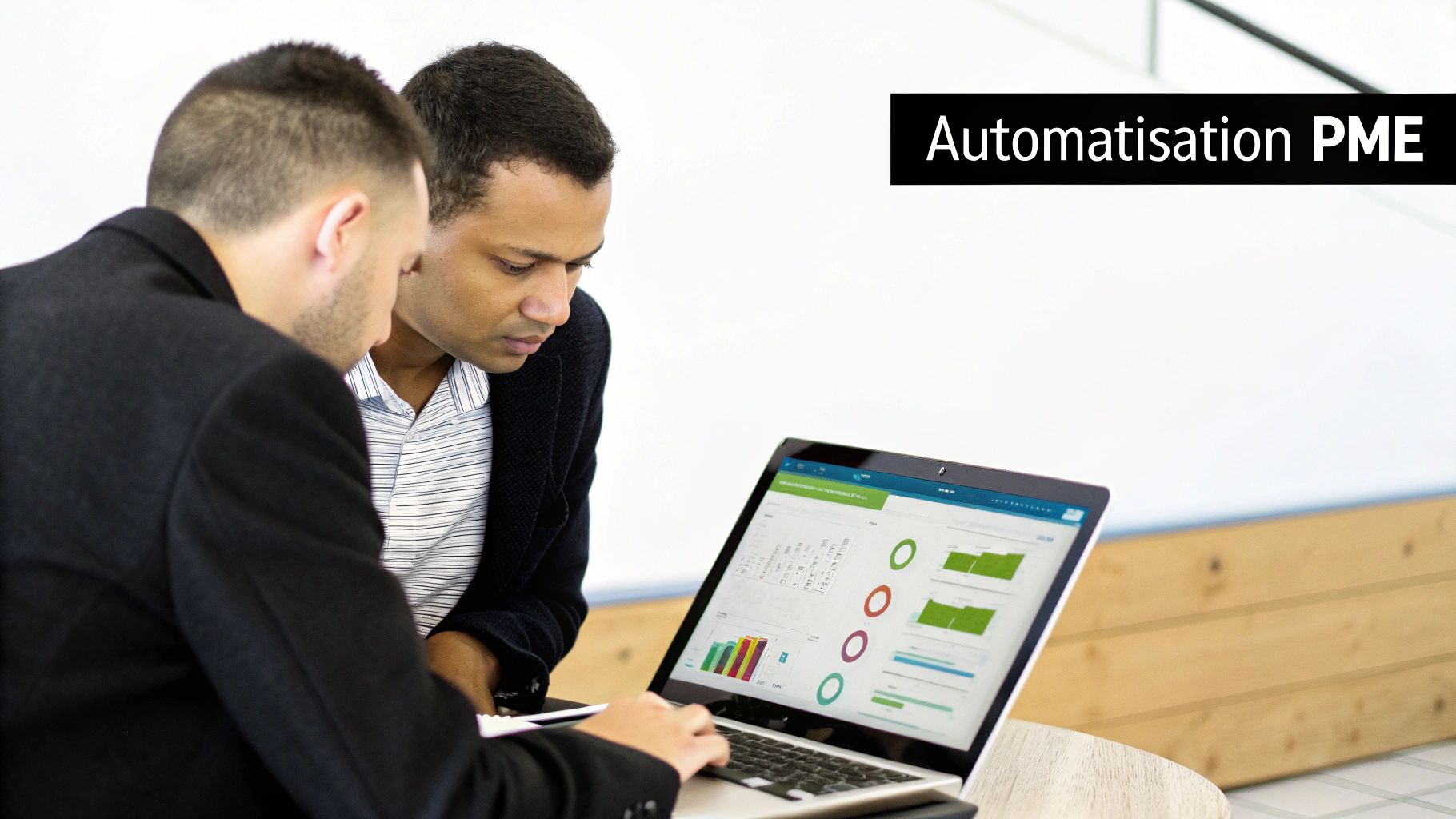 Deux professionnels analysant un tableau de bord d'automatisation PME sur ordinateur portable