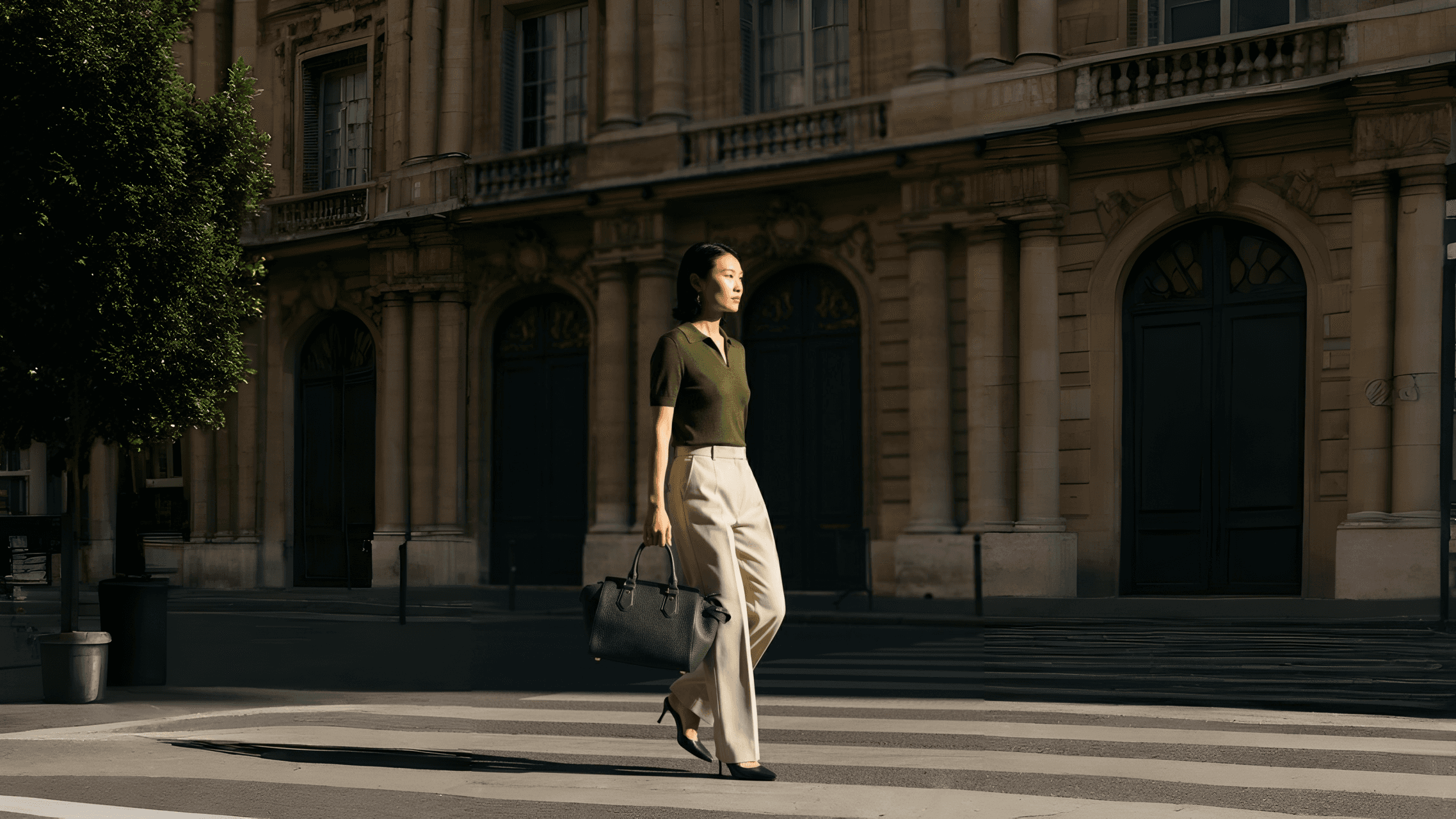 Asian woman walking down the street with a green handbag.