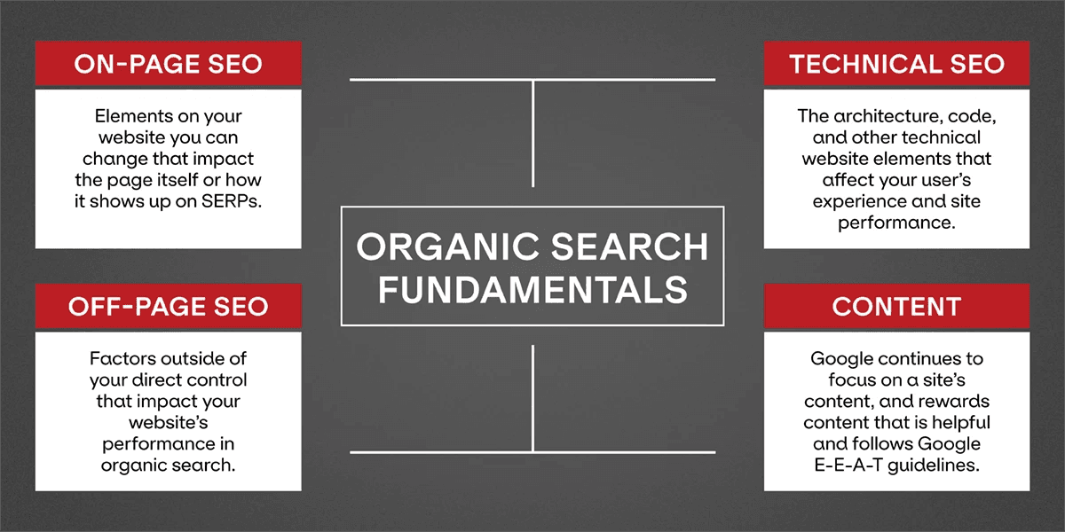 A chart with Organic Search Fundamentals highlighting on-page SEO, off-page SEO, technical SEO, and content.