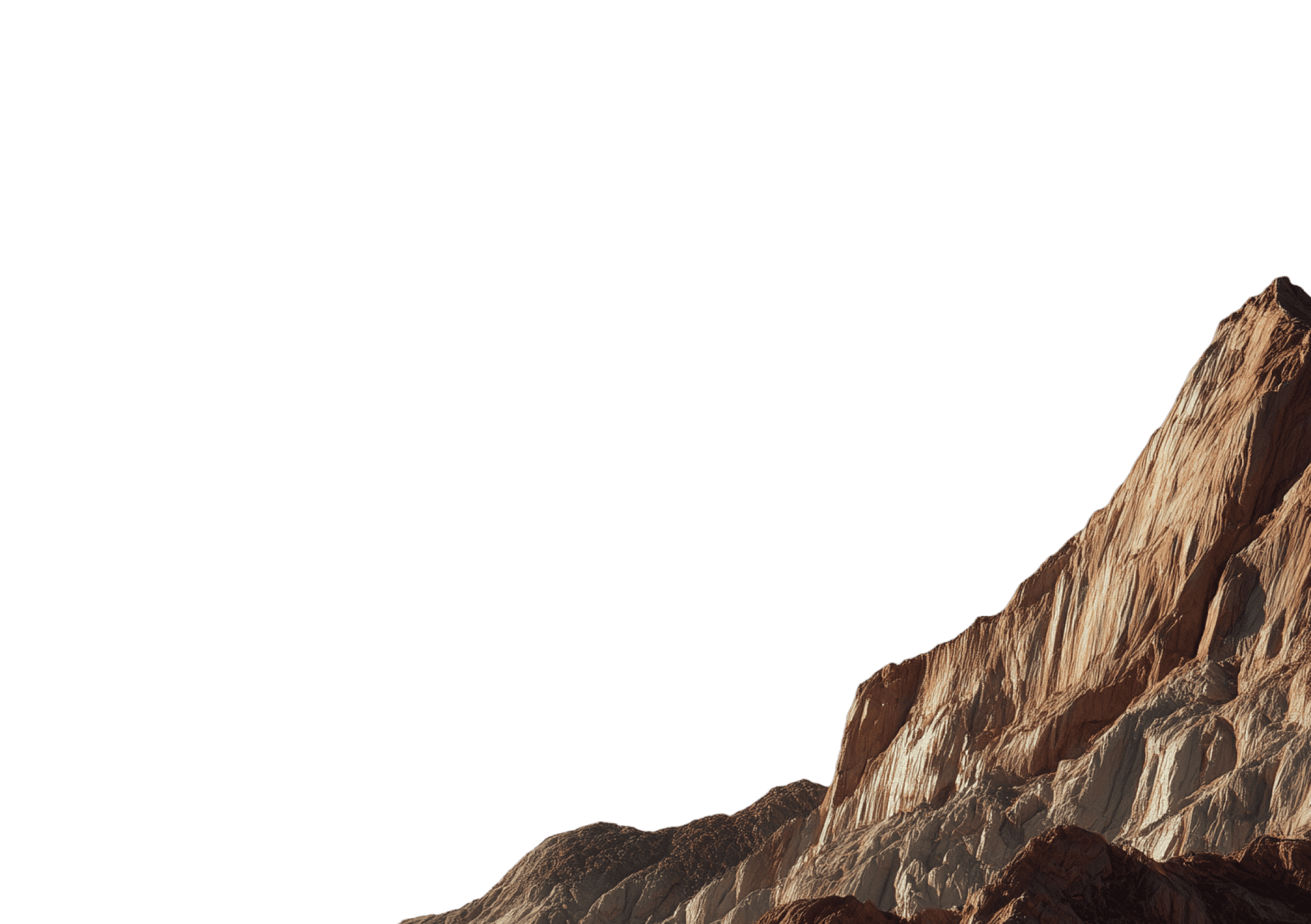 The image showcases a rugged, sunlit mountain range against a clear blue sky, highlighting the natural texture and layers of the rocky terrain.