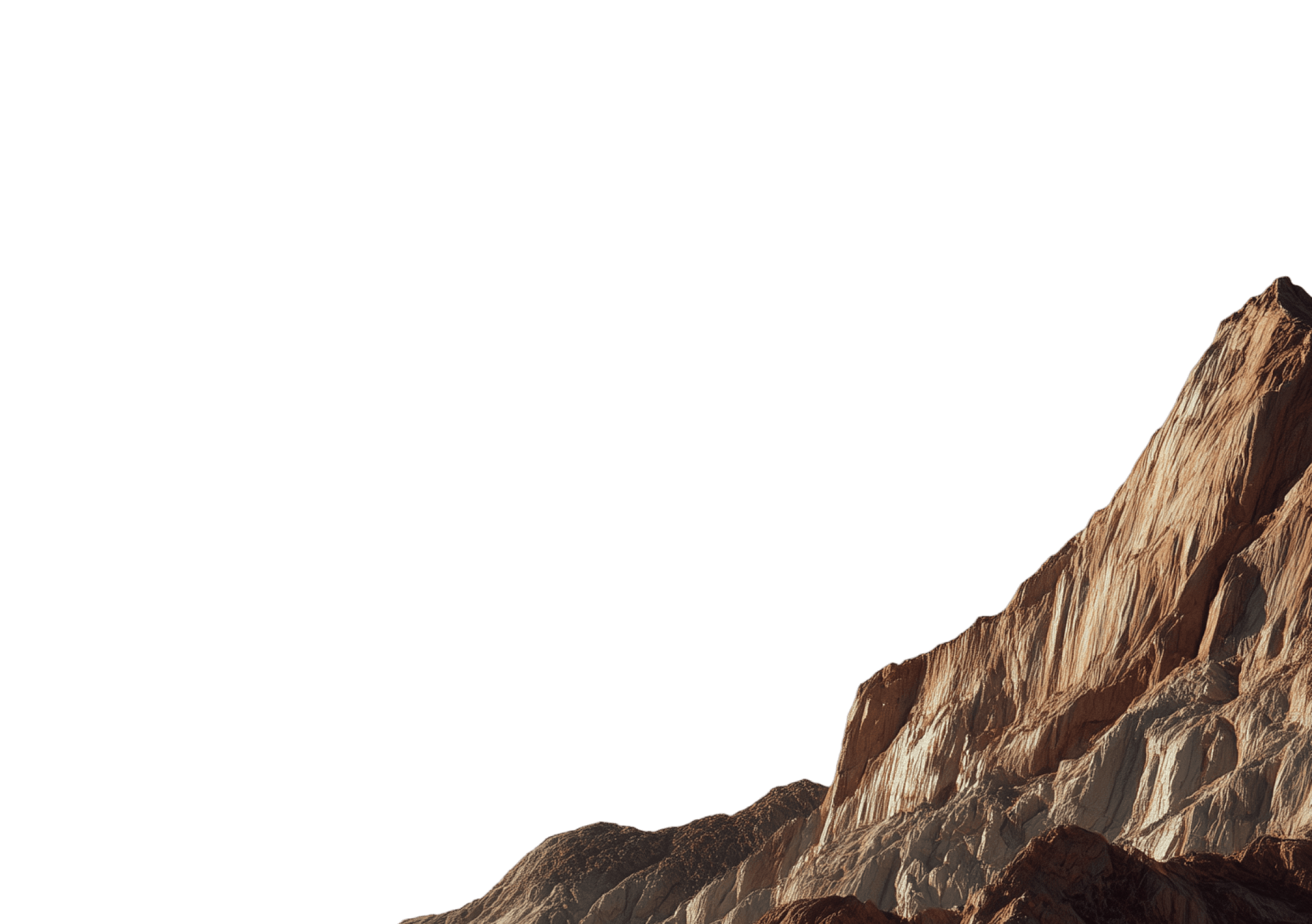 The image showcases a rugged, sunlit mountain range against a clear blue sky, highlighting the natural texture and layers of the rocky terrain.