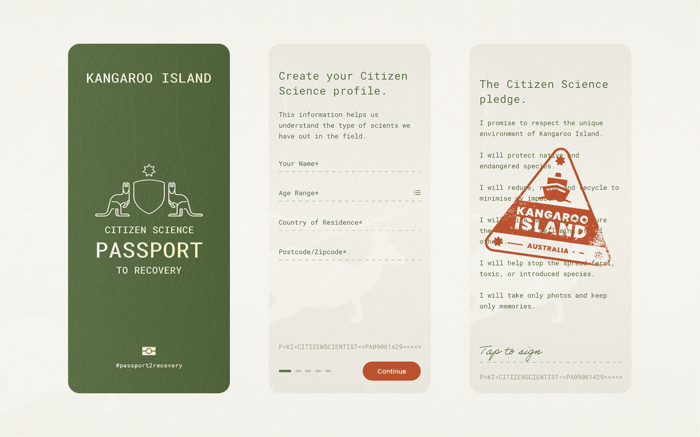 3 screens from the sign-up flow of the 'Passport 2 Recovery' App, showing the passport style.