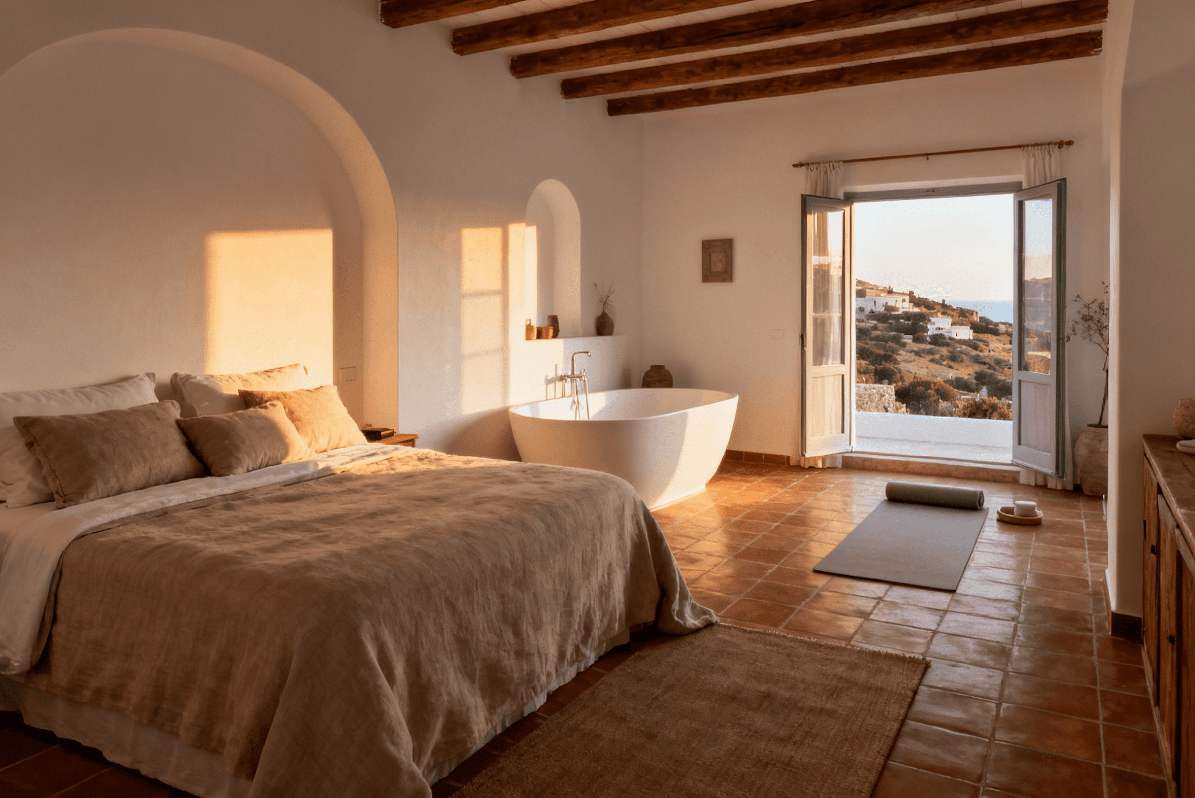 Mediterranean primary suite with exposed wood beams, arched doorway, freestanding sculptural tub, terracotta tile floors, yoga mat, and hillside coastal views