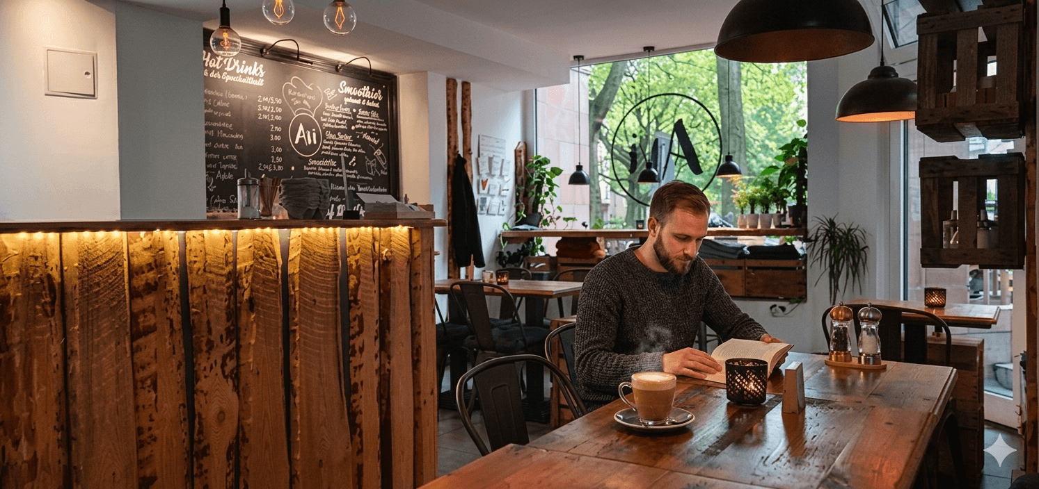 Tisch mit Heißgetränk und Speisekarte