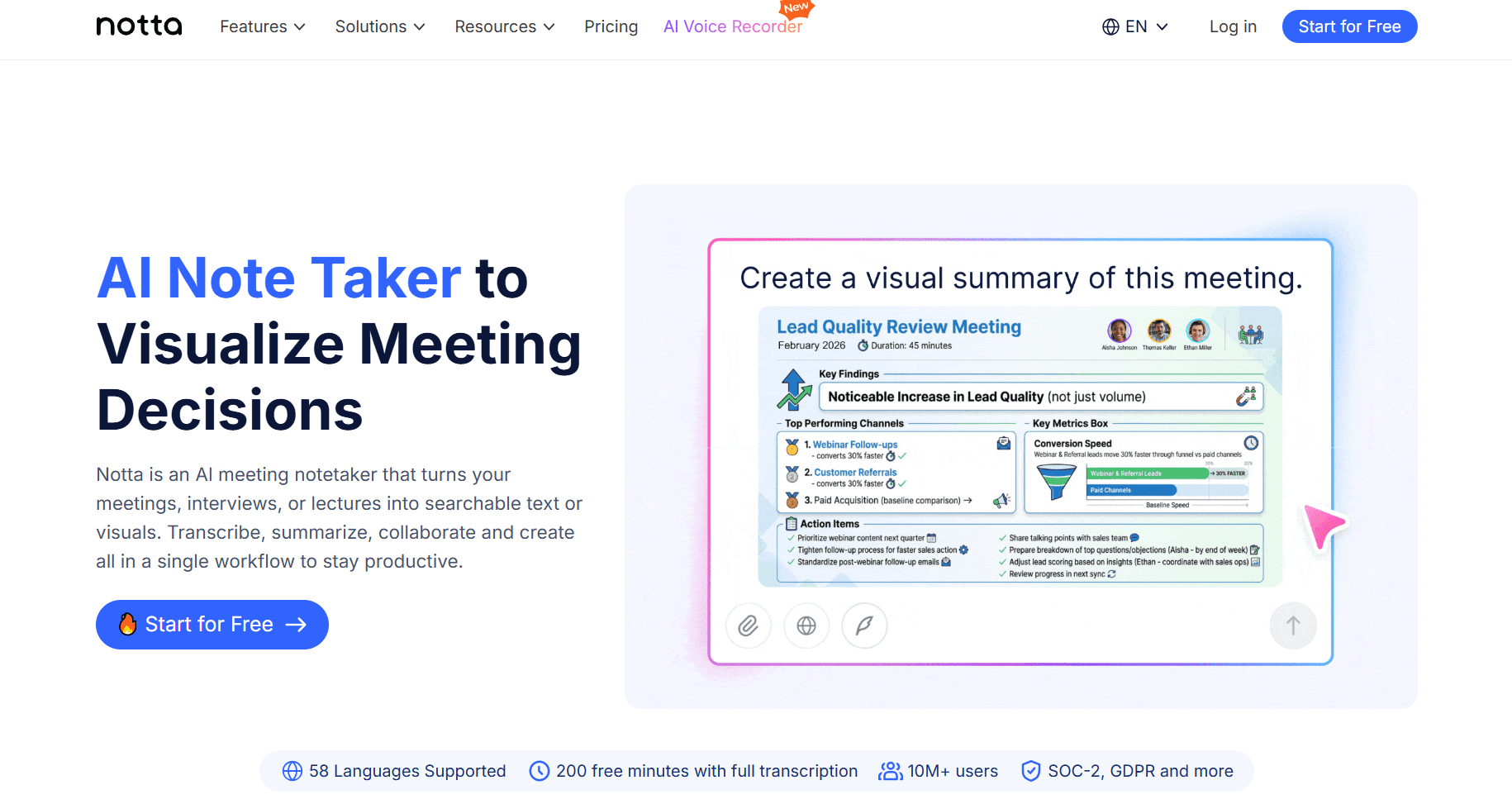Homepage screenshot of Notta featuring the headline “AI Note Taker to Visualize Meeting Decisions,” a start-free button, and a visual meeting summary preview.