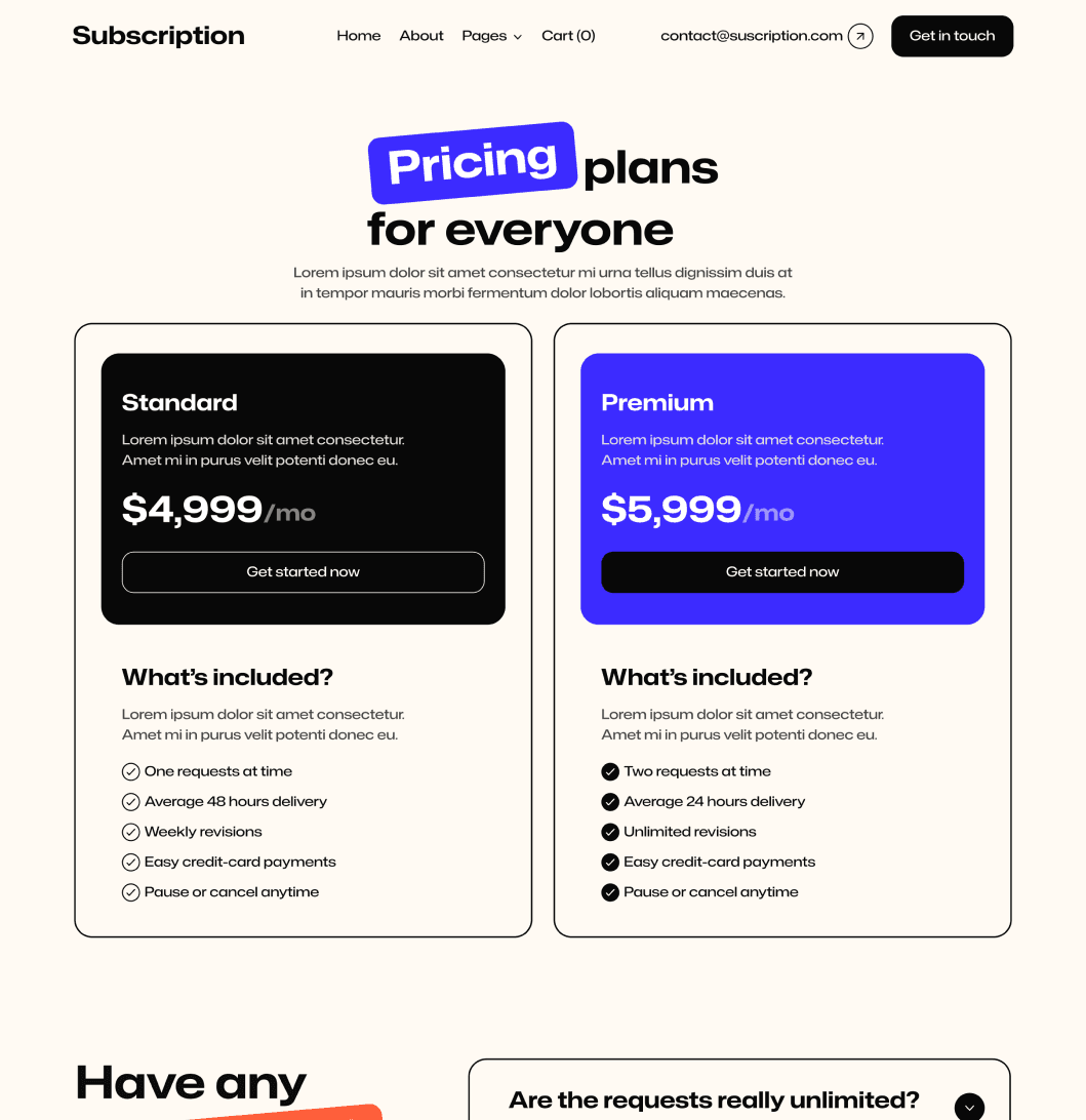 Subscription X - Pricing V2 Page - Design Subscription Agency Framer Template