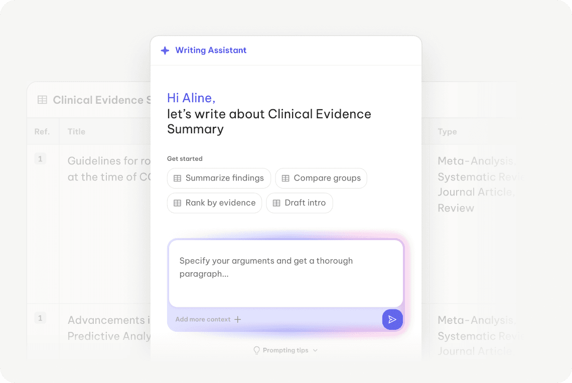 Flinn 3.0 Clinical Writing Assistant generating CER and clinical evidence summaries using AI-based prompts.