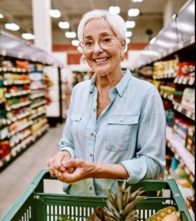 Happy elderly woman with groceries in the supermarket.