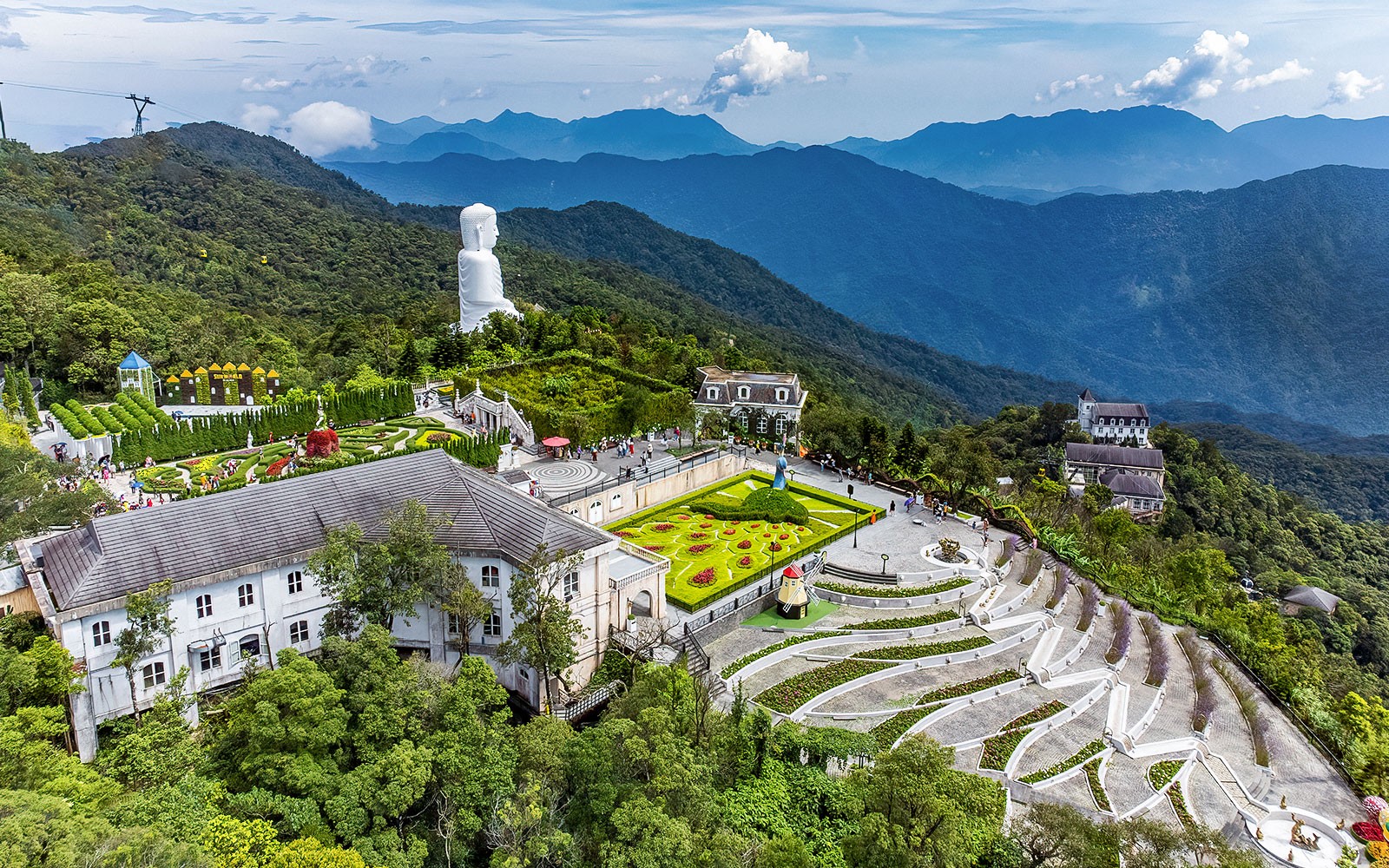 Aerial view of Ba Na Hills with gardens and mountains in Da Nang, Vietnam.