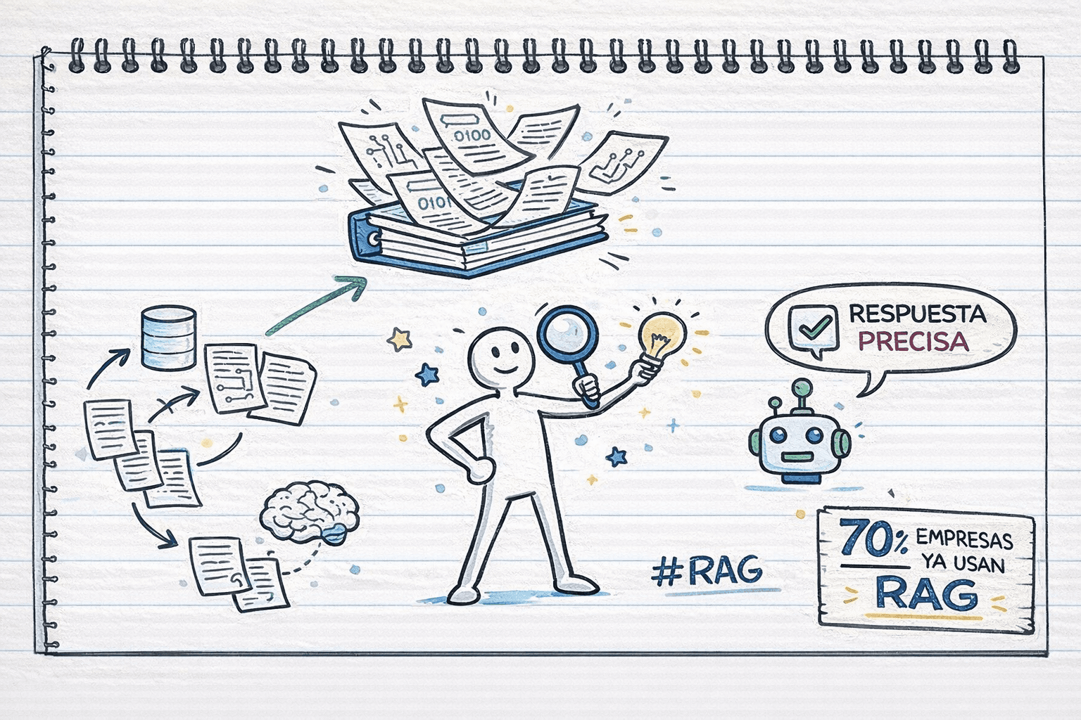 Ilustración estilo doodle en hoja de cuaderno con líneas horizontales. Un emprendedor dibujado como figura simple sostiene una lupa y un foco, mientras un archivador flotante expulsa documentos con patrones de circuitos y código binario. A la derecha, un robot amigable muestra un globo de diálogo con una palomita y el texto “RESPUESTA PRECISA”. Alrededor aparecen íconos de base de datos, cerebro conectado a documentos, el hashtag “#RAG” y un recuadro que dice “70% EMPRESAS YA USAN RAG”. Estilo boceto a mano, tonos negros con acentos azules y rojos, ambiente creativo y educativo.