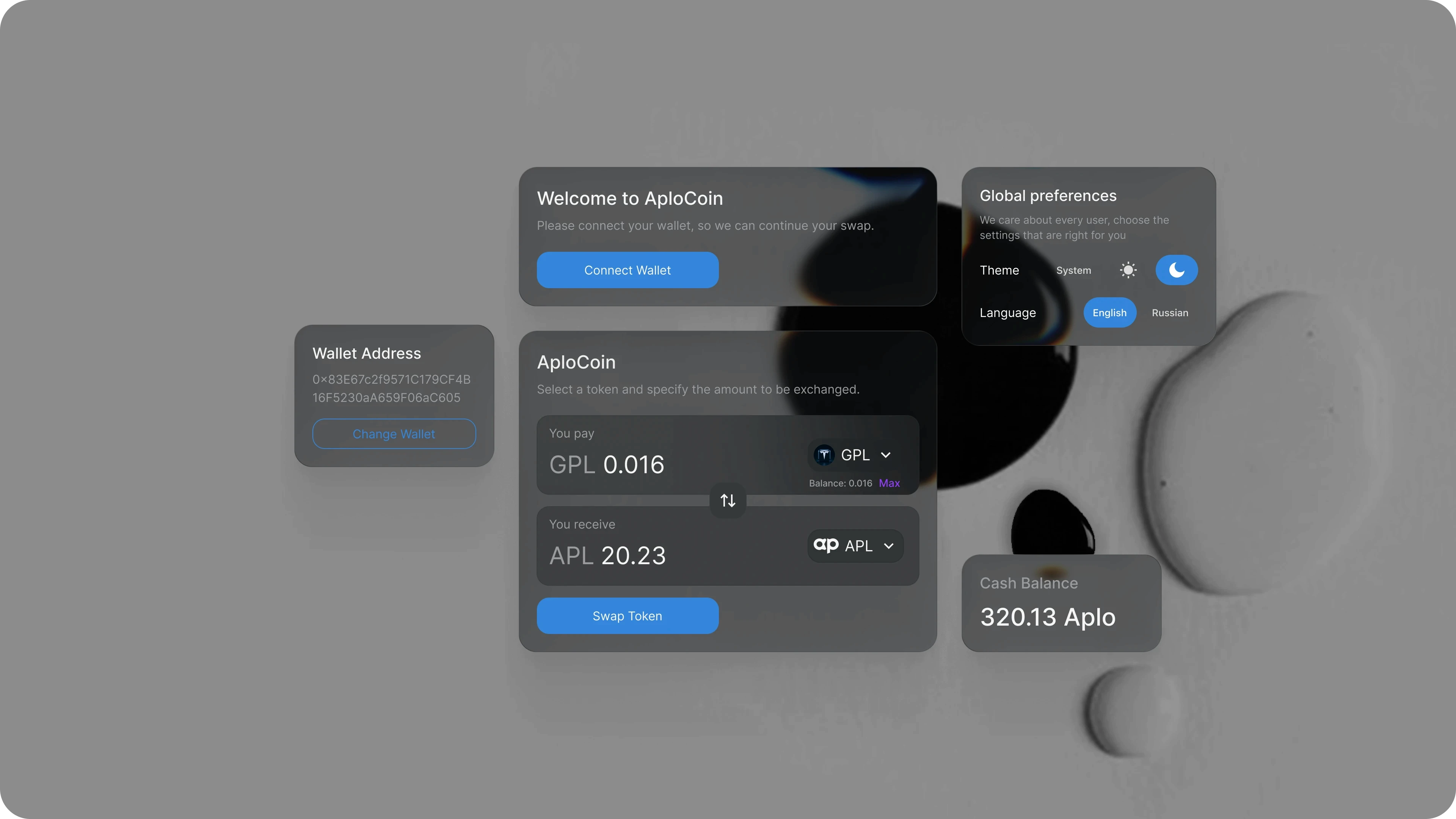 Dark-mode Aplocoin trading panel with token swap, liquidity indicators and clean crypto‑native UI.