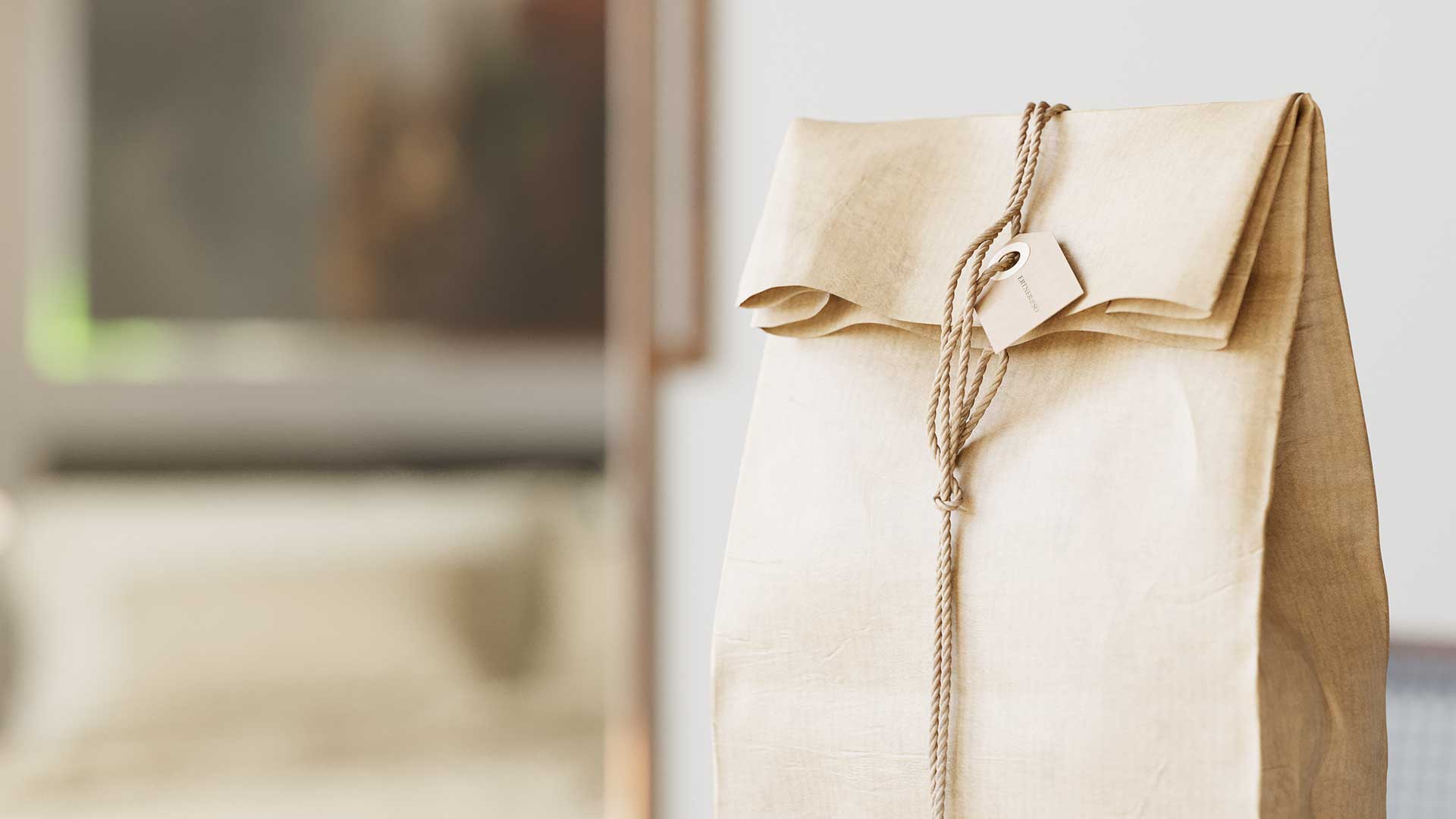 3D-Visualisierung eines Garderobenbereichs mit Holzhaken, Textilien und warmer Farbpalette