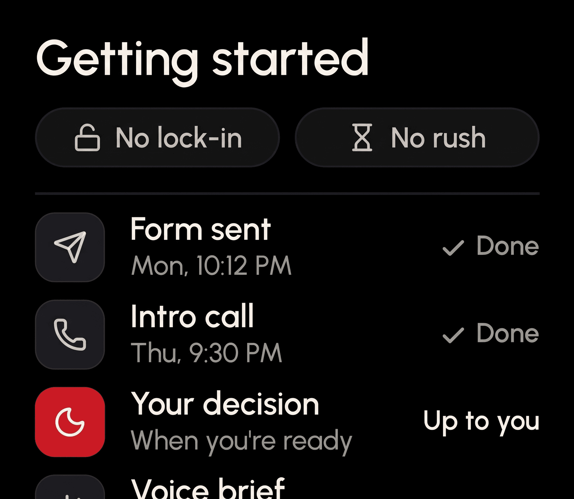 Getting started list with the form sent and the intro call done, your decision left up to you, no lock-in and no rush