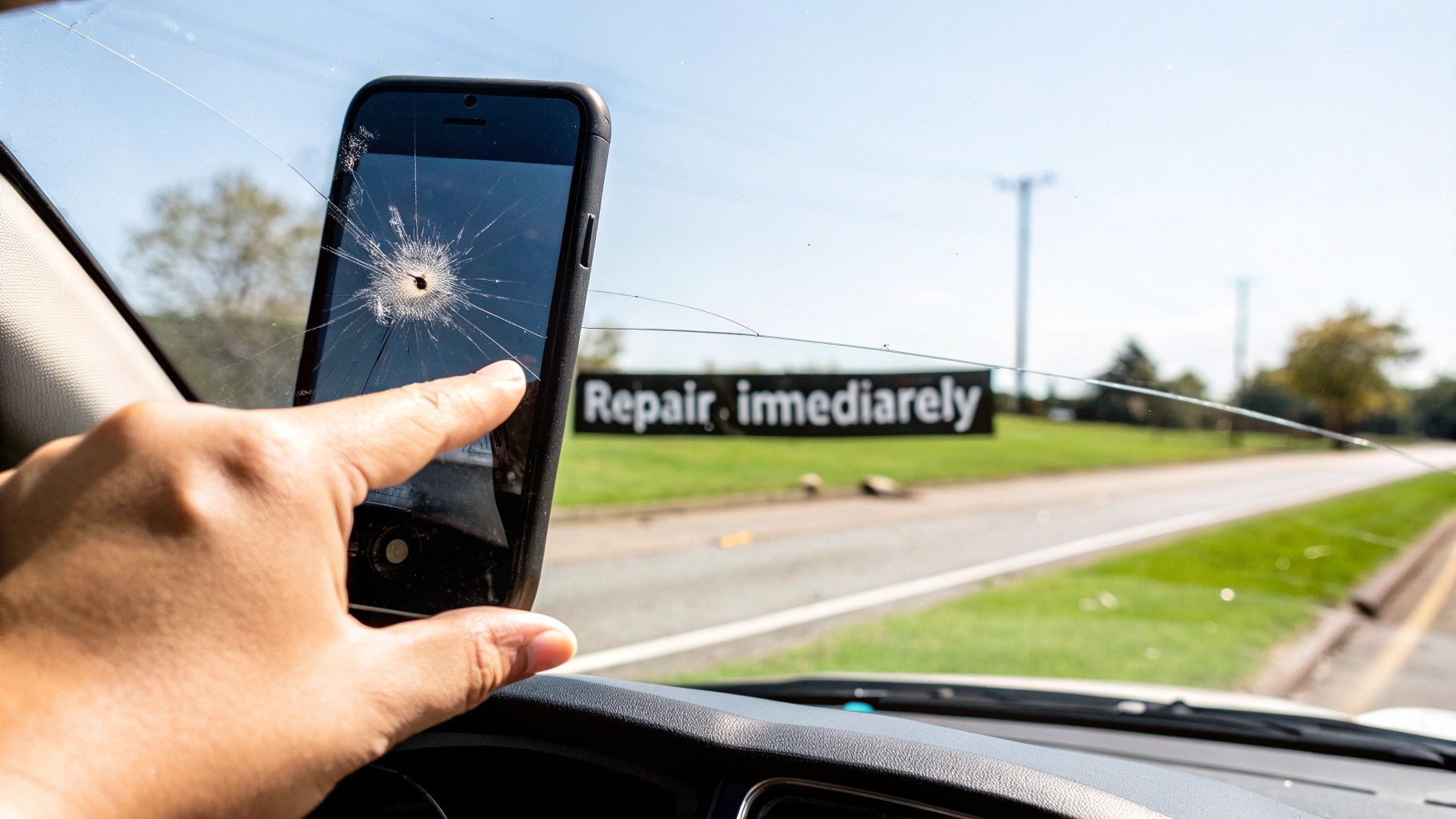 A hand holds a cracked phone screen over a car windshield with a prominent rock chip.