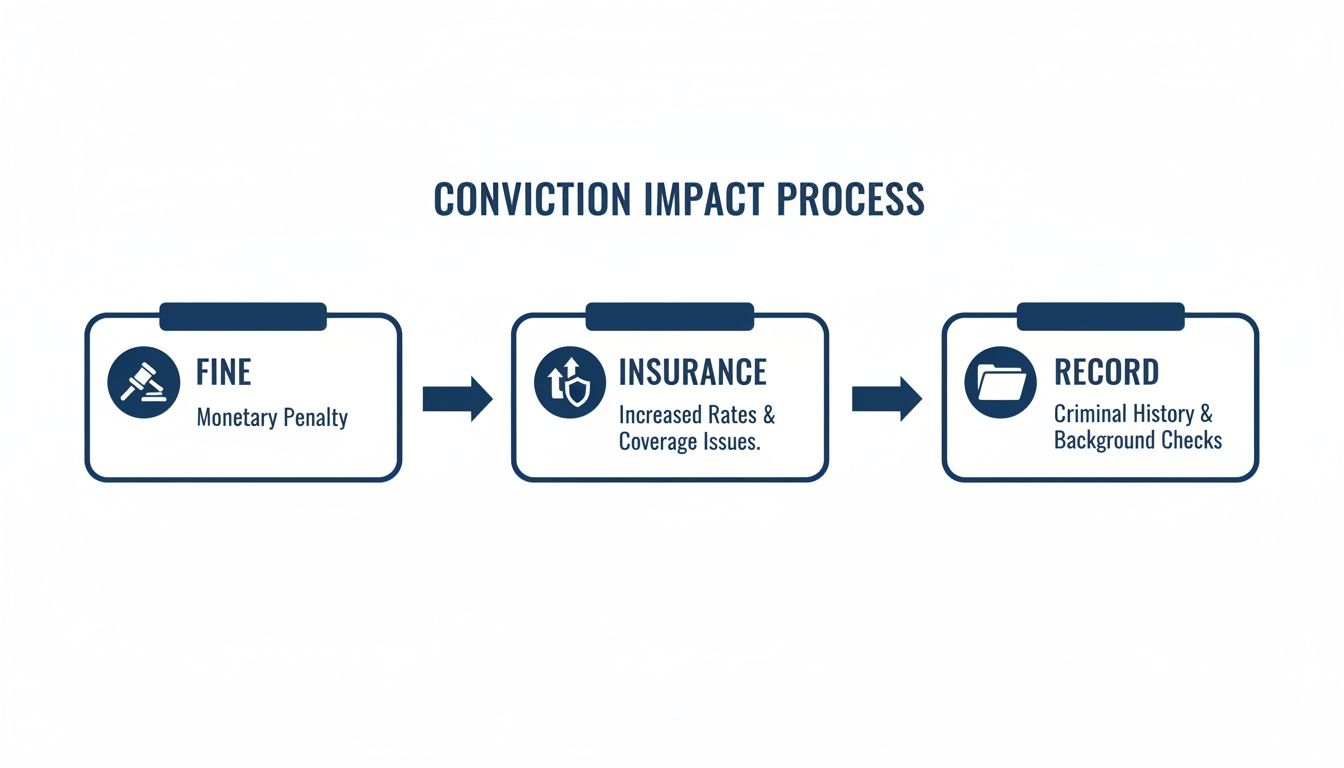 Flowchart illustrating the conviction impact process: fine, increased insurance rates, and criminal record.