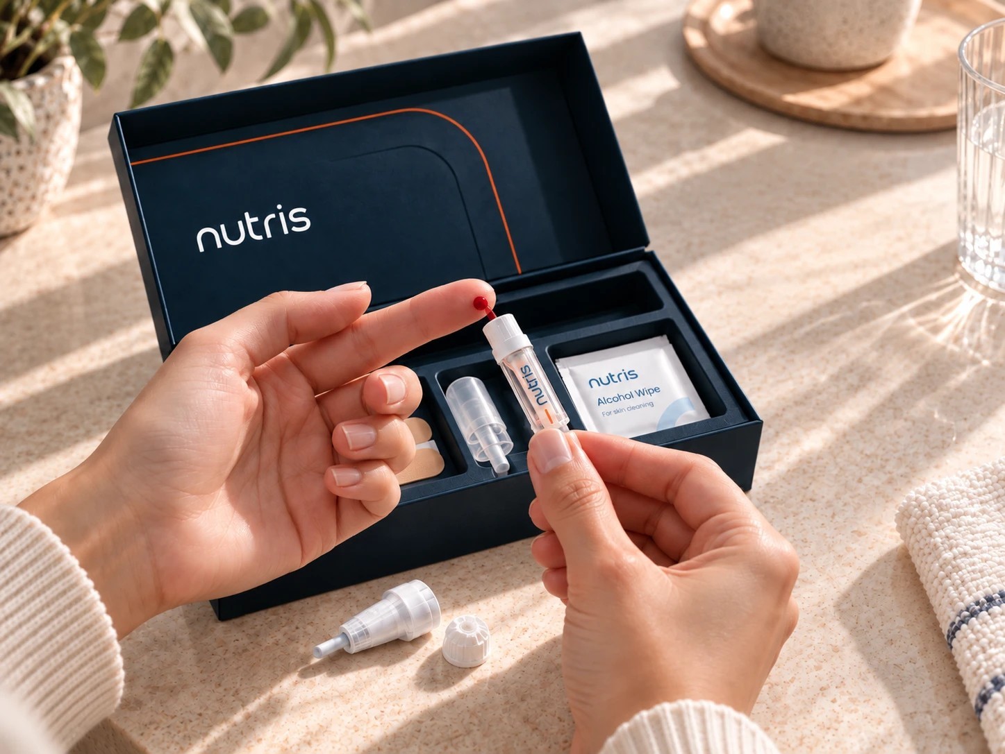 Taking a finger-prick blood sample at home with the Nutris kit