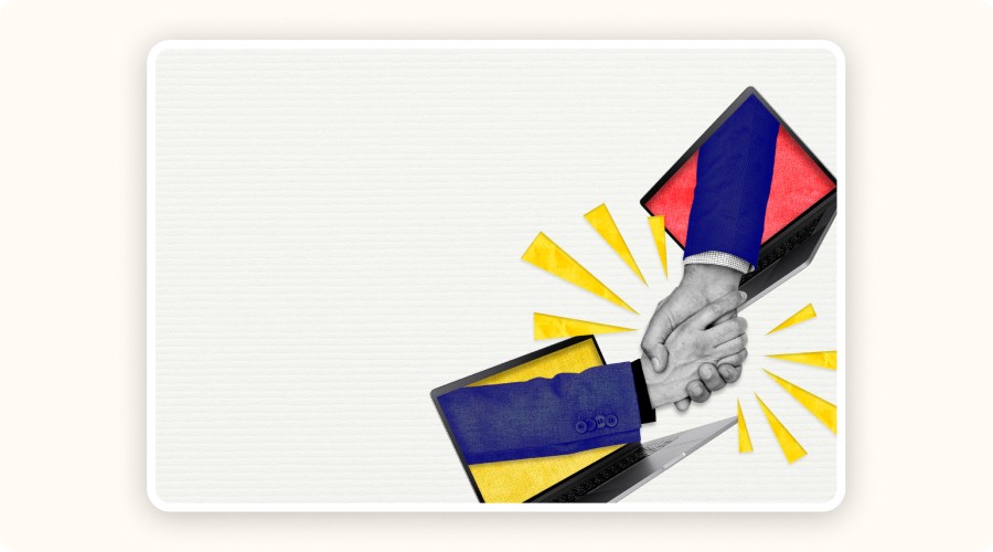 Two suited arms reaching out from laptops to shake hands, symbolizing seamless collaboration and successful integration between systems.