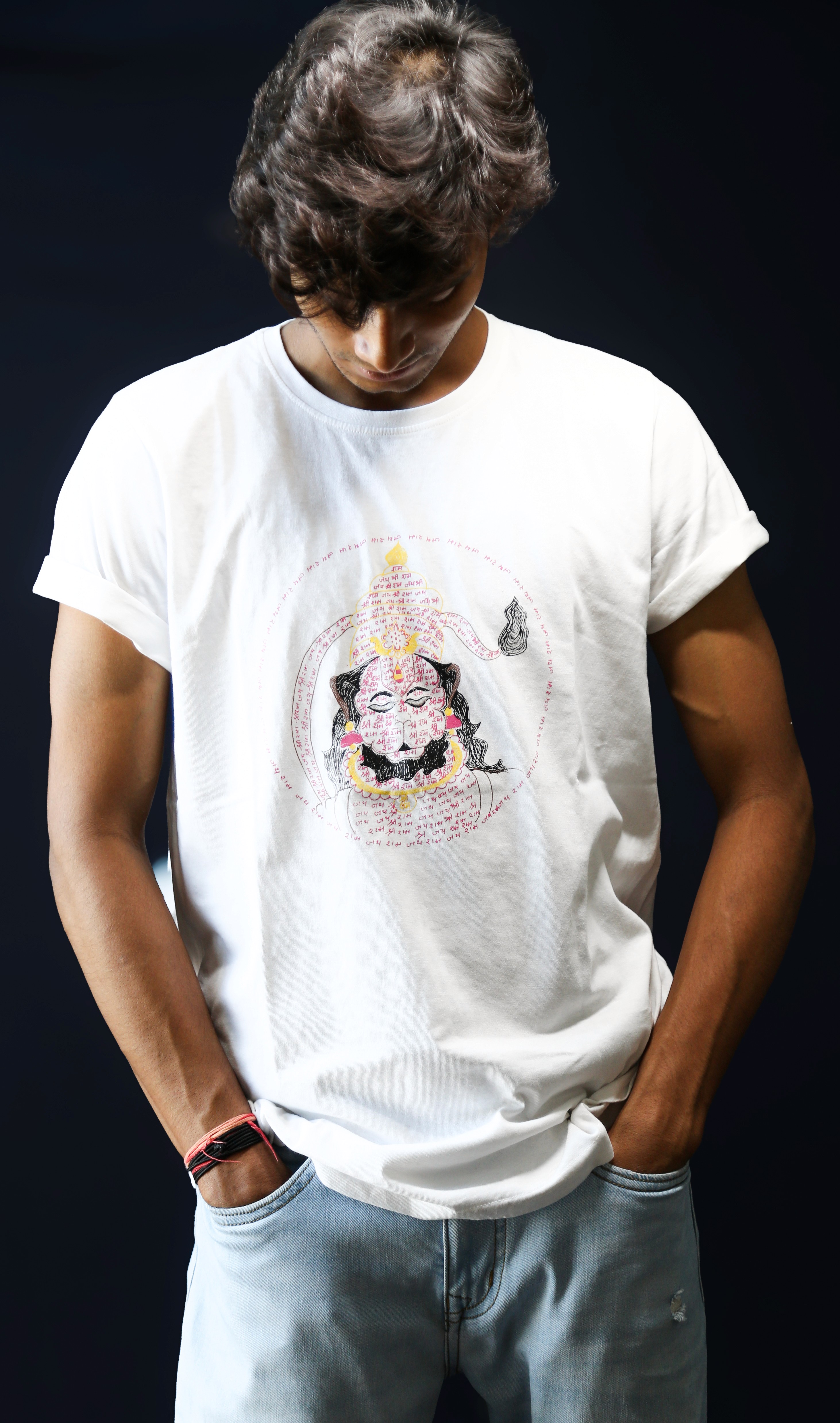 Young man in black leather double-breasted jacket jeans.