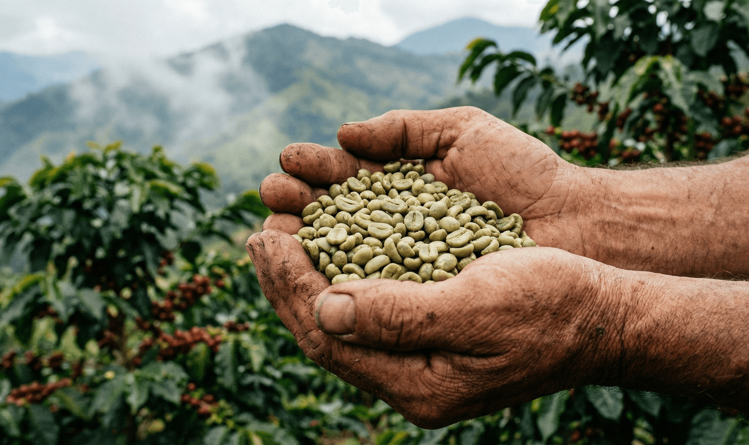 Farmer's hands holding green coffee beans with a blurred background of a lush mountain coffee farm
