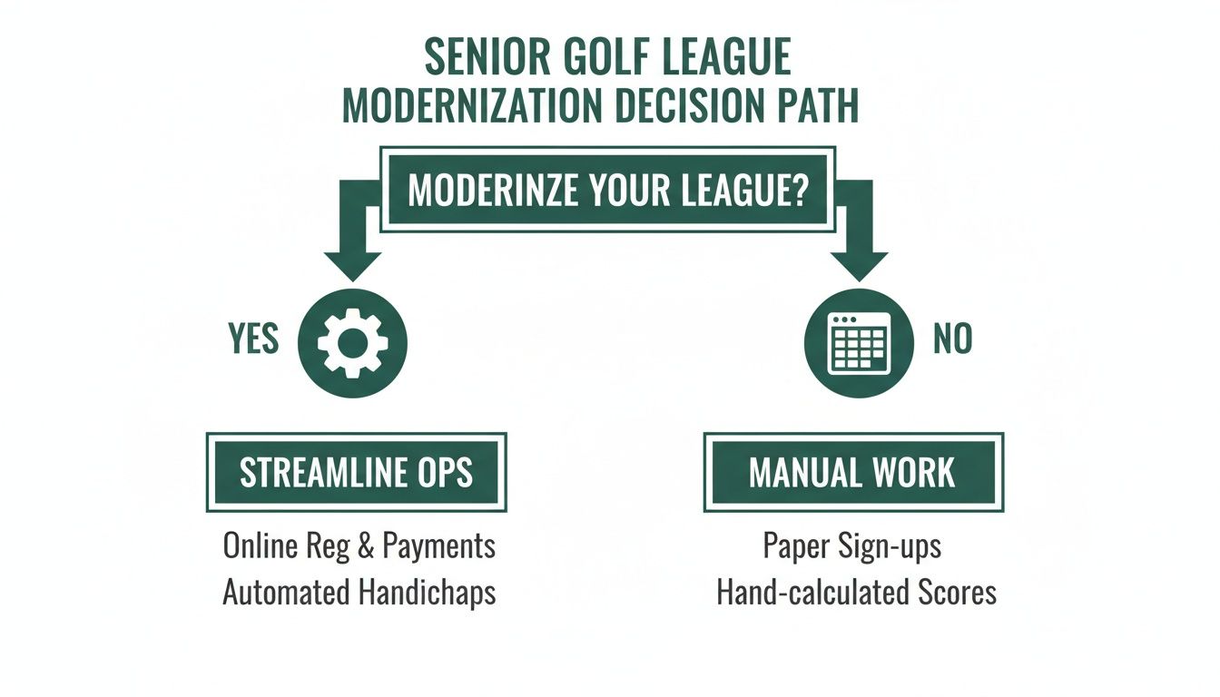 Flowchart illustrating senior golf league modernization, contrasting streamlined operations with manual work.