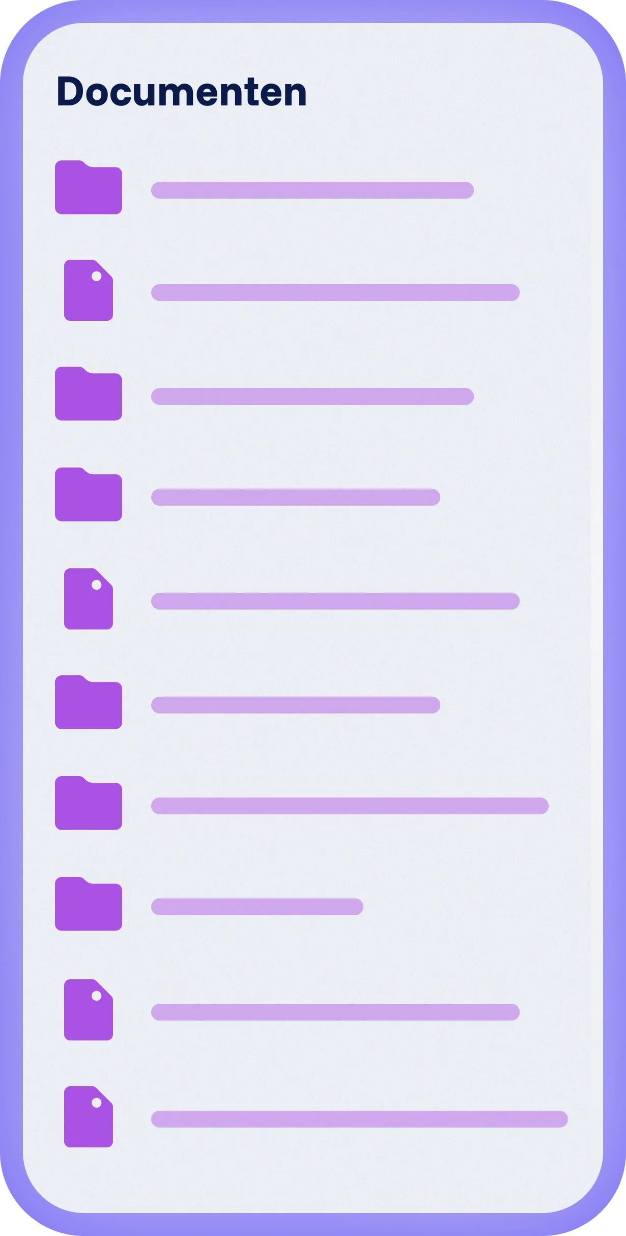 Spencer mobiele interface met documentenoverzicht, lijst van mappen en bestanden met iconen en duidelijke structuur