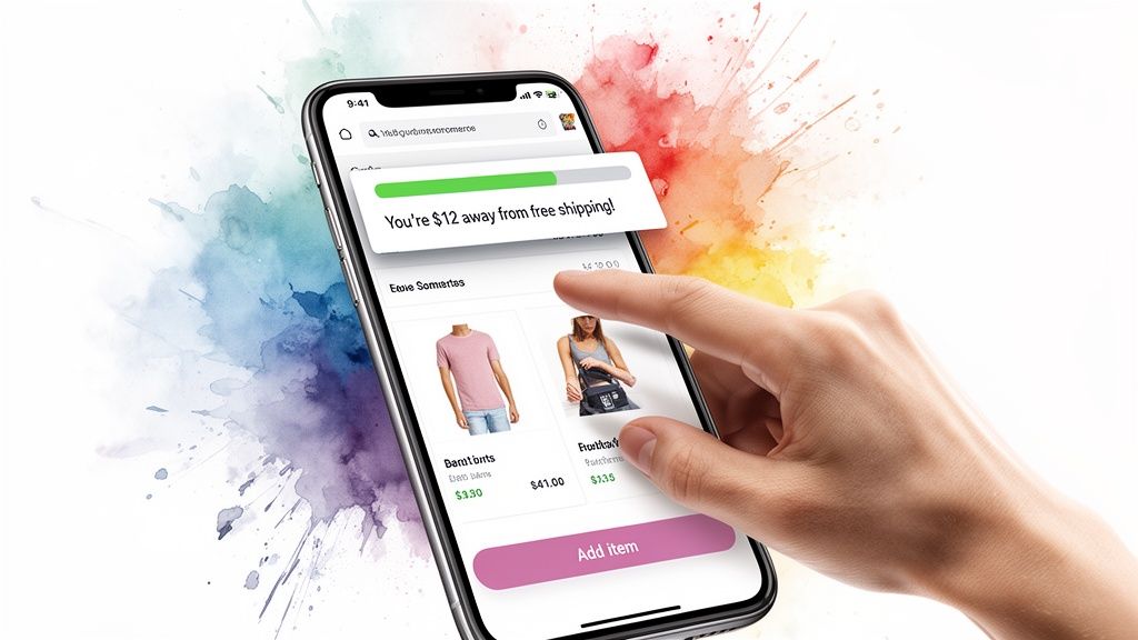 A hand interacts with a smartphone displaying an e-commerce app showing products and a 'You're $12 away from free shipping!' message.