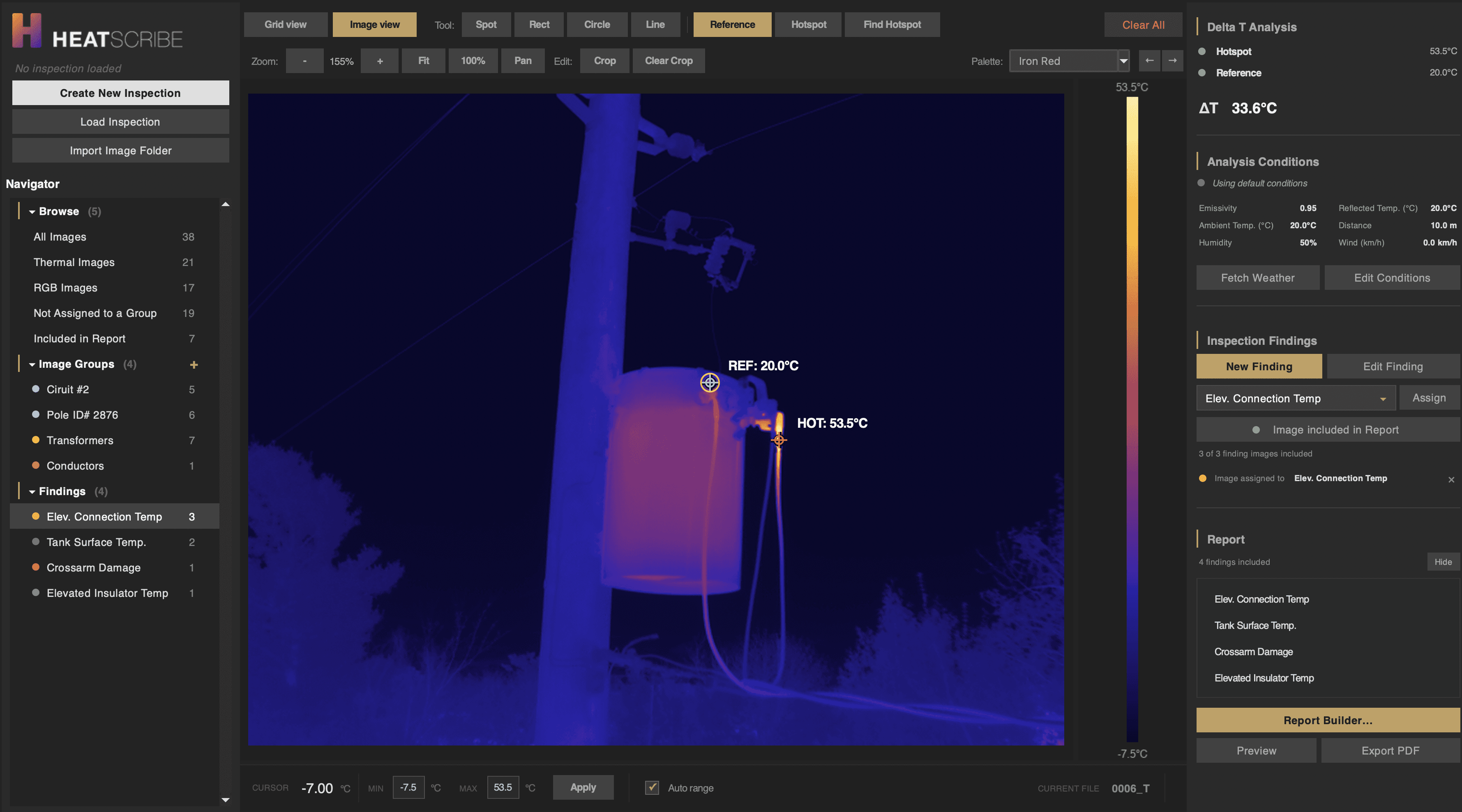 HeatScribe on macOS showing a DJI radiometric thermal image with spot temperature measurements placed on a warm component.