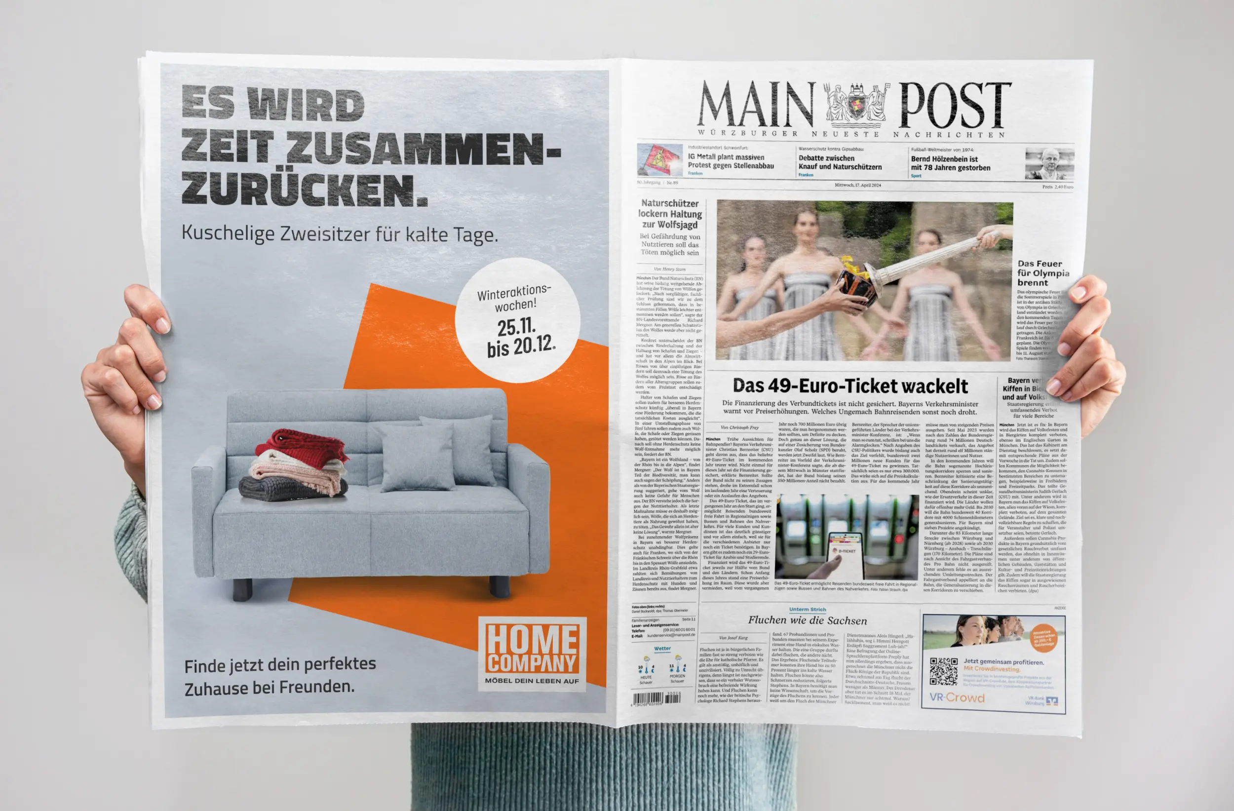 Zeitungs-Mockup Winteraktion: kuschelige Zweisitzer, „Es wird Zeit zusammen-zurücken“, 25.11.–20.12.