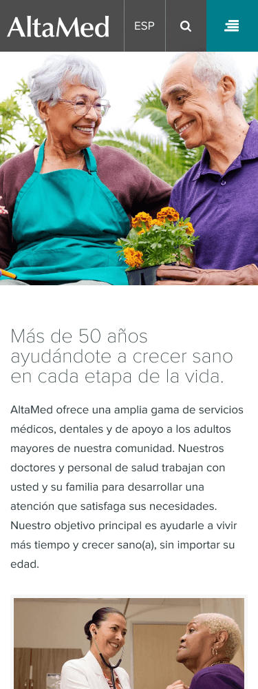 Altamed.org Spanish mobile site displaying information for seniors