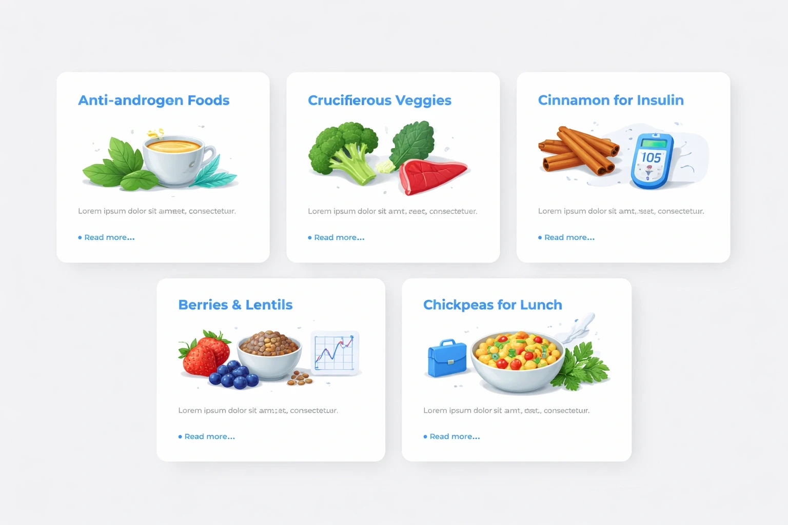 Modern card layout on a light gray background showing five cards with icons for spearmint, green tea, cruciferous vegetables, cinnamon, berries, lentils, and chickpeas, using blue accent highlights.