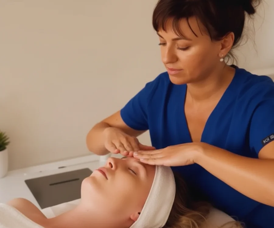 Specjalistka wykonuje masaż Hadado – japońską technikę regeneracyjną i liftingującą twarzy w Belleza Beauty Rzeszów