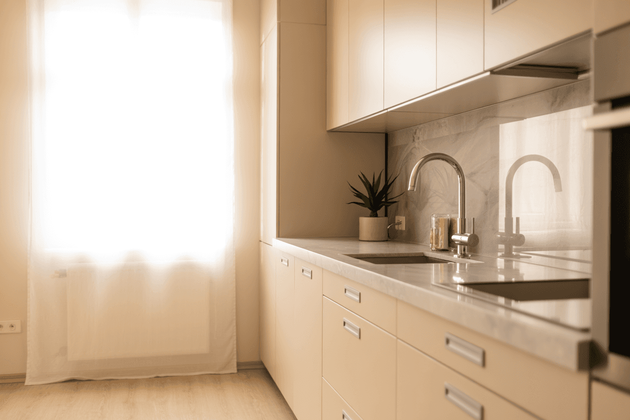 მინიმალისტური და ნათელი ბინა თბილისში, დალაგებული და მზა გაყიდვისთვის, თბილი განათებით და თანამედროვე ავეჯით.