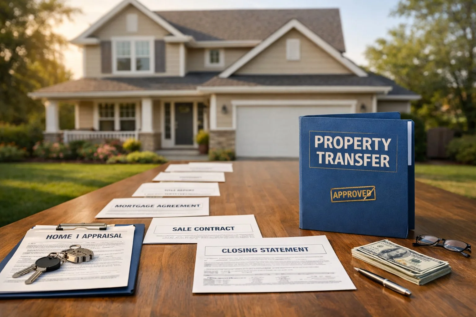 Residential home with organized estate documents visually leading toward a finalized transfer folder, symbolizing completion of the process.