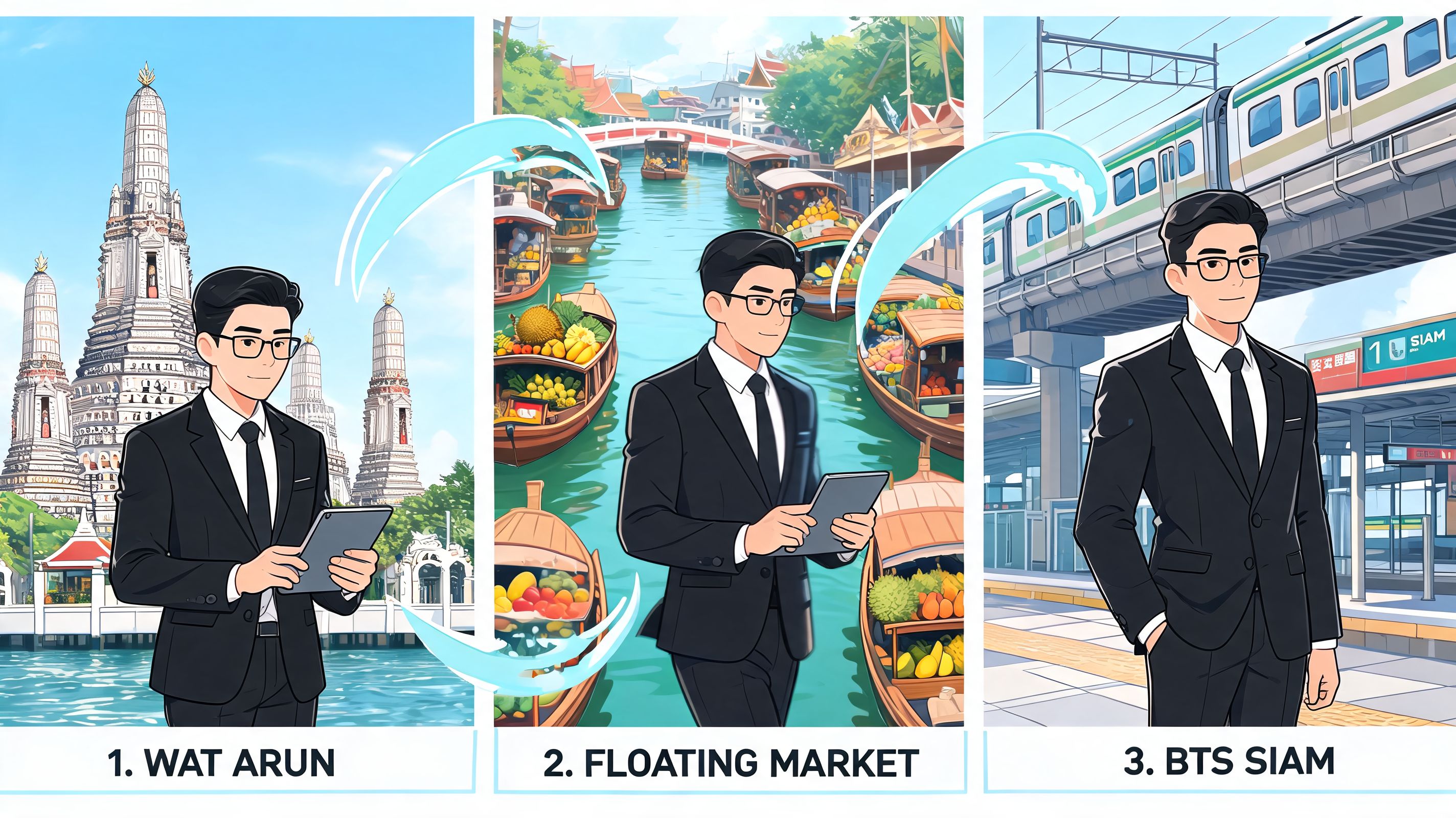 A digital illustration featuring a man in a suit visiting Wat Arun, a floating market, and BTS Siam in Bangkok.