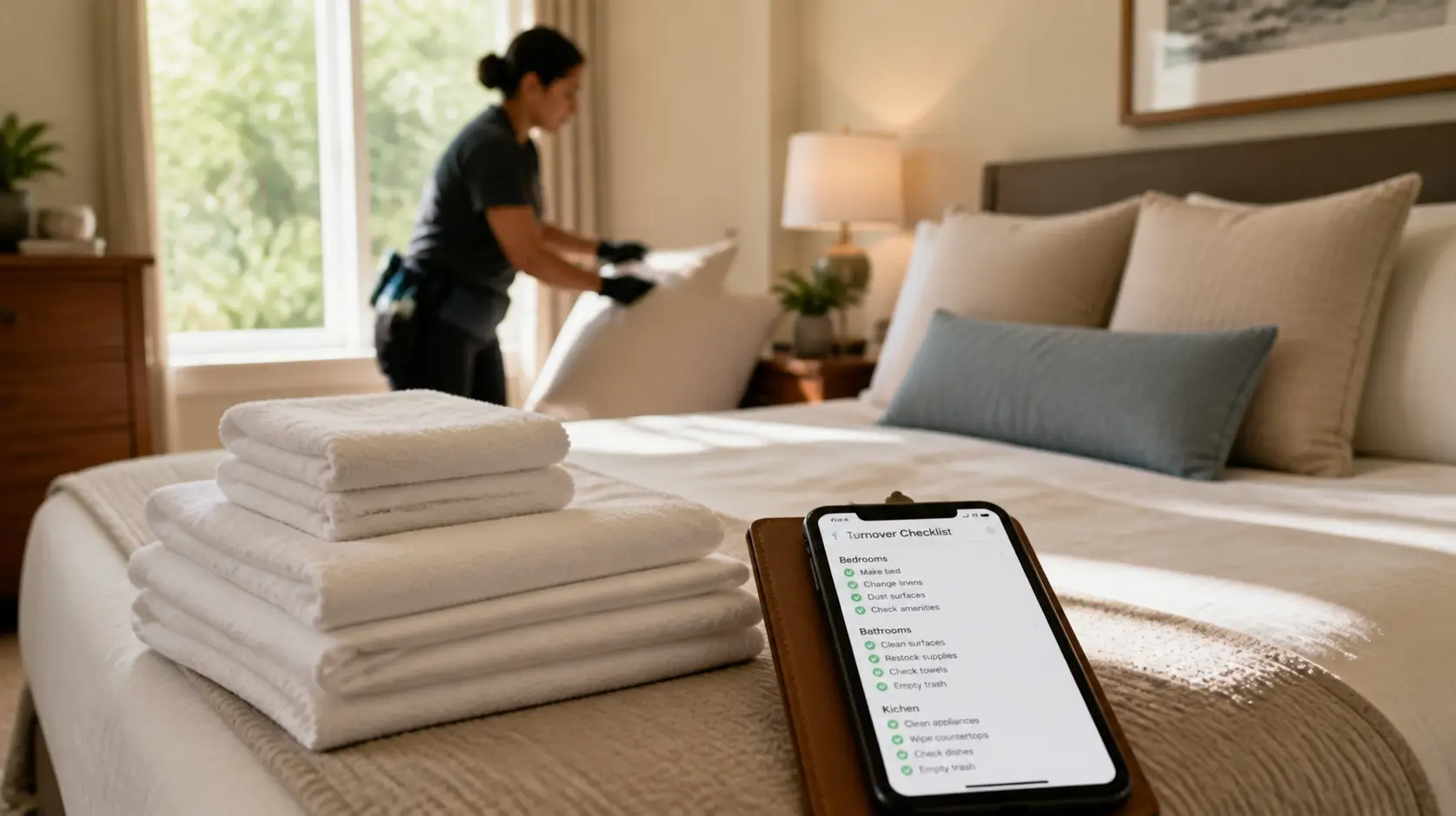 Vacation rental turnover with a cleaning checklist during changeover.