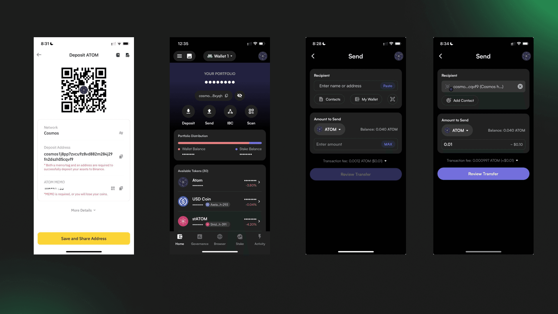 Deposit ATOM and withdraw from Leap Wallet using Mobile App