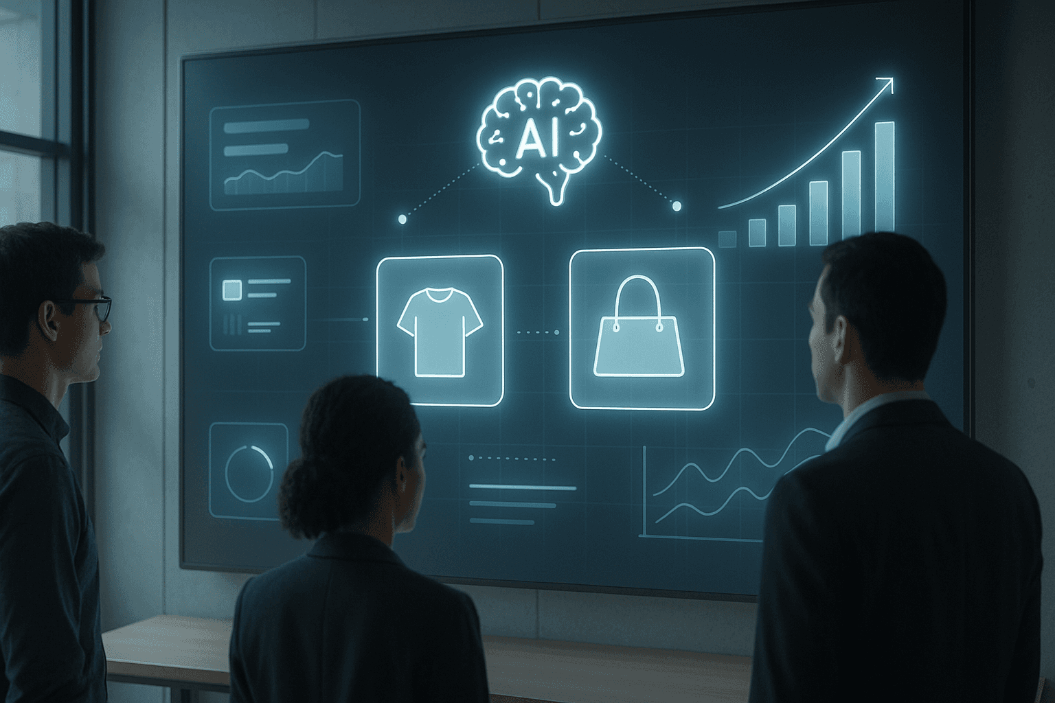 Três profissionais observam uma grande tela digital em um escritório moderno, onde elementos holográficos exibem produtos, gráficos de desempenho e ícones de IA, representando otimização de anúncios no e-commerce. A cena tem visual realista, iluminação suave e atmosfera tecnológica.