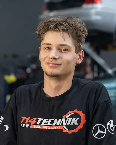 Jaden, an automotive technician at 714 Technik, providing expert European car repair and maintenance.