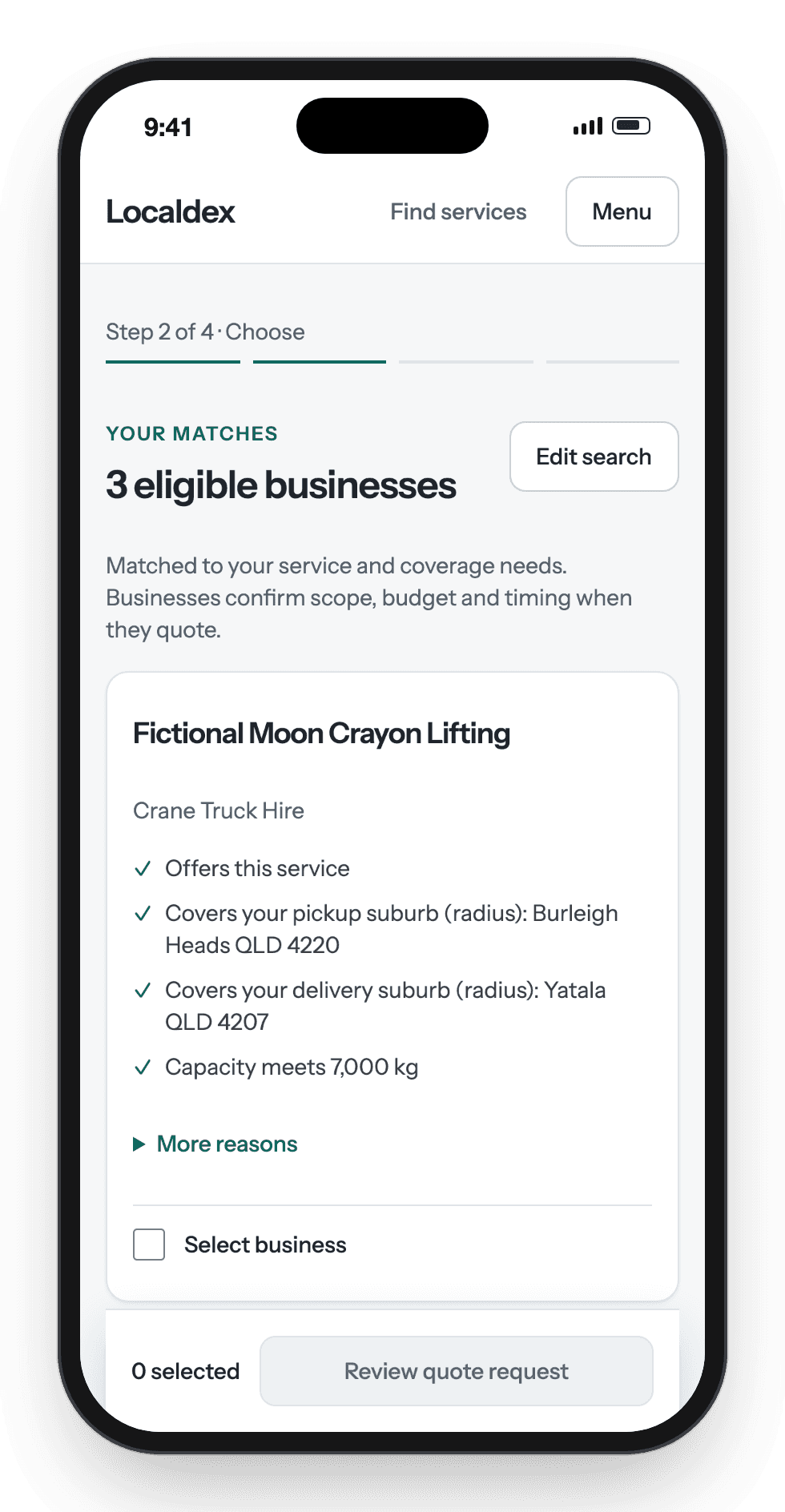 Localdex search: three eligible businesses with match reasons