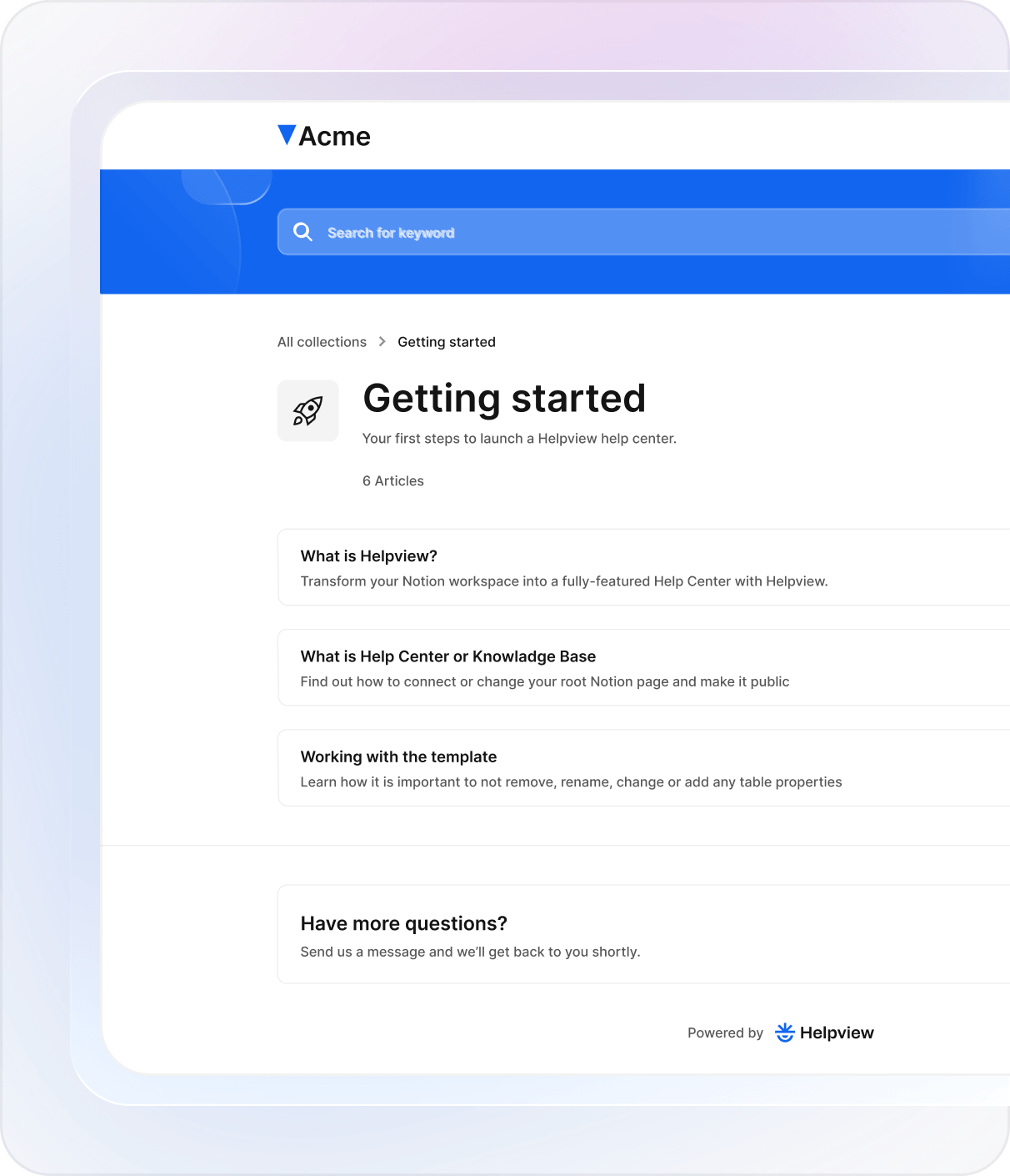 Helpview help center interface displaying articles synced from a Notion workspace.
